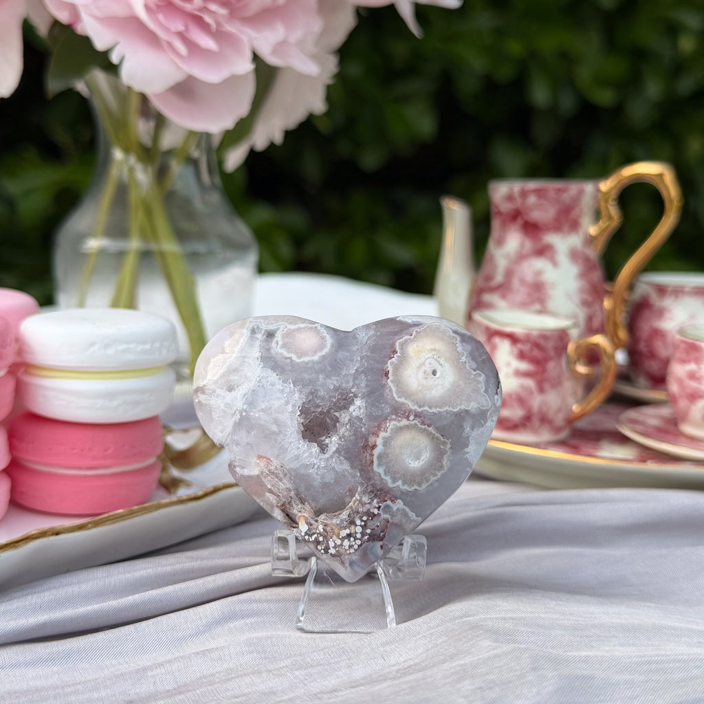 Pink Amethyst & Flower Agate Heart Carving (Choose Your Own)