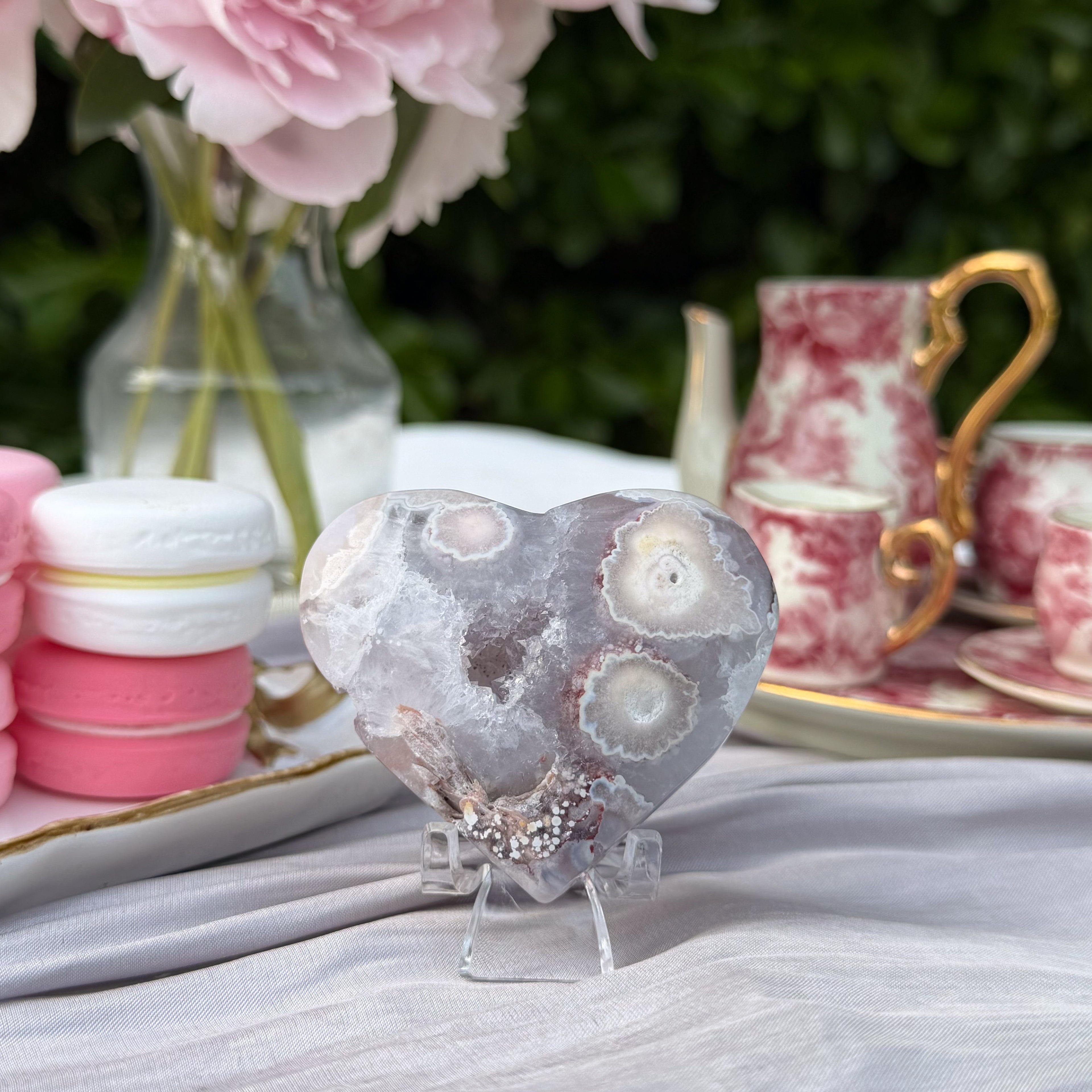 Pink Amethyst & Flower Agate Heart Carving (Choose Your Own)