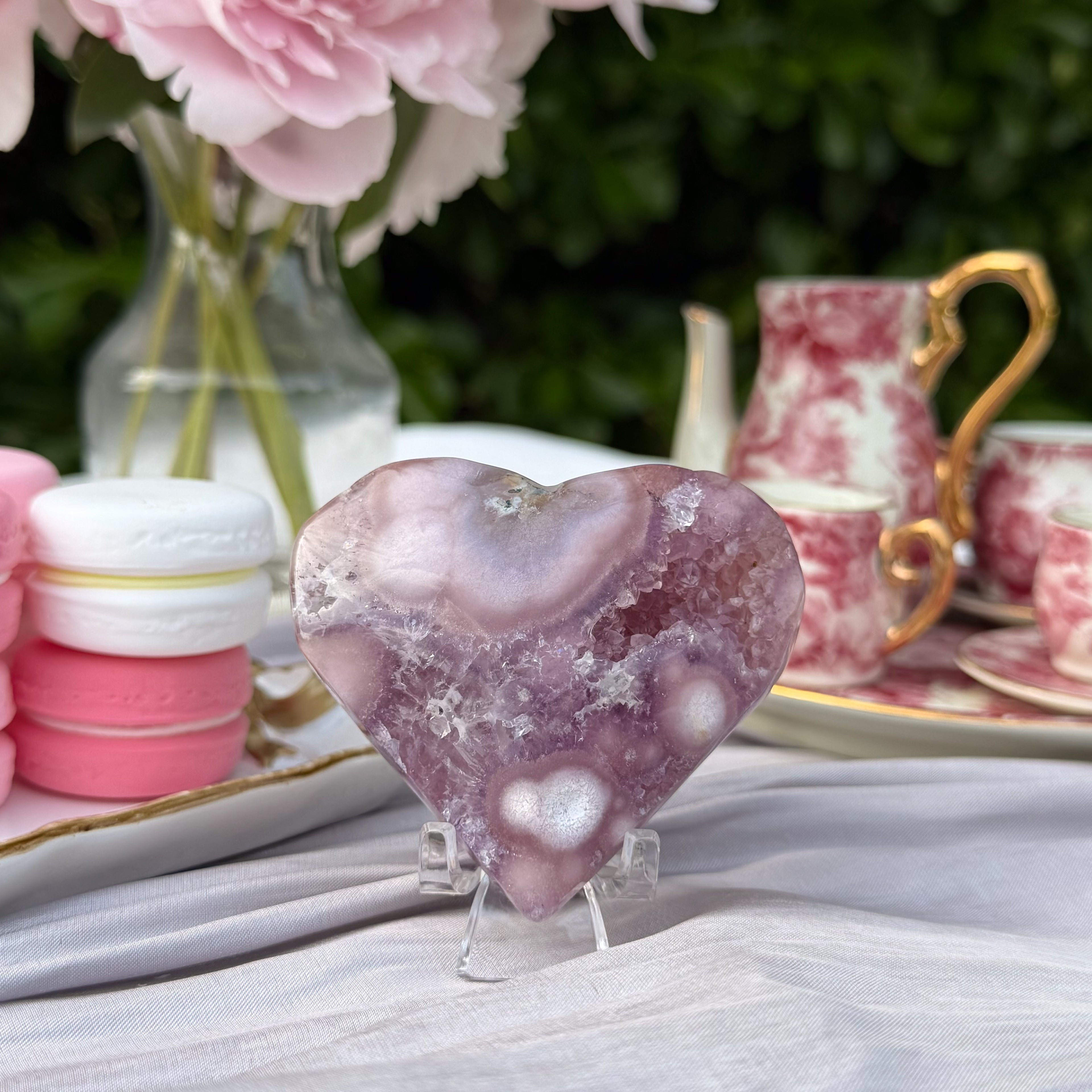 Pink Amethyst & Flower Agate Heart Carving (Choose Your Own)