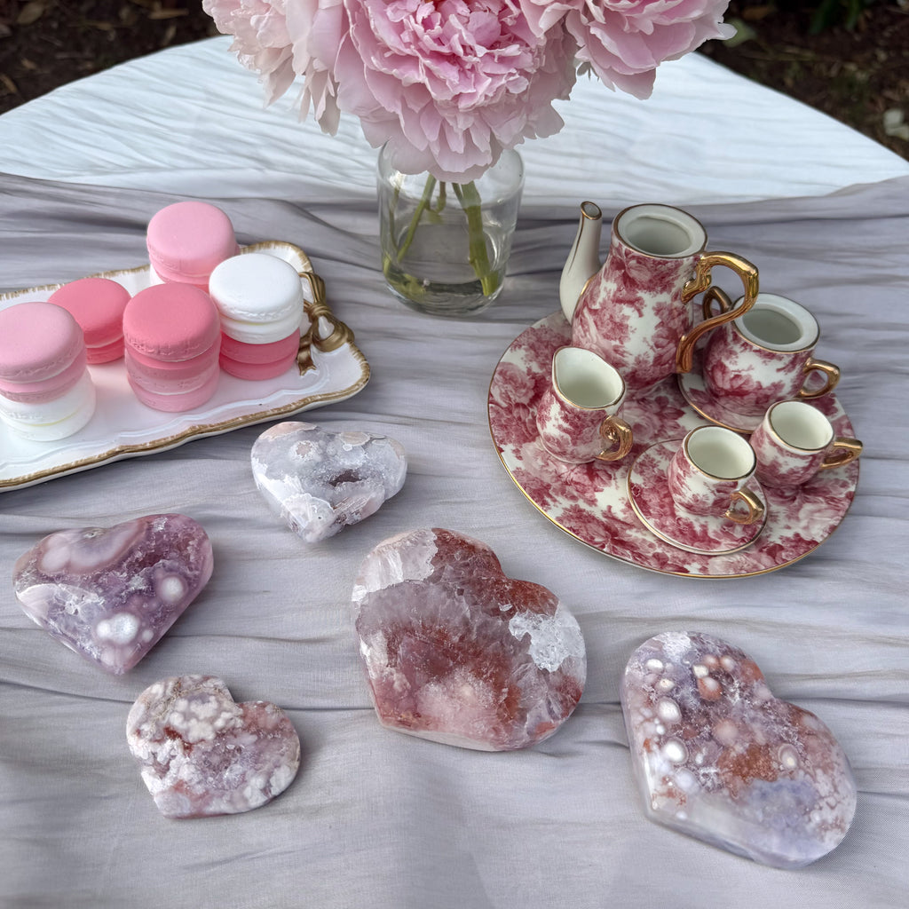 Pink Amethyst & Flower Agate Heart Carving (Choose Your Own)