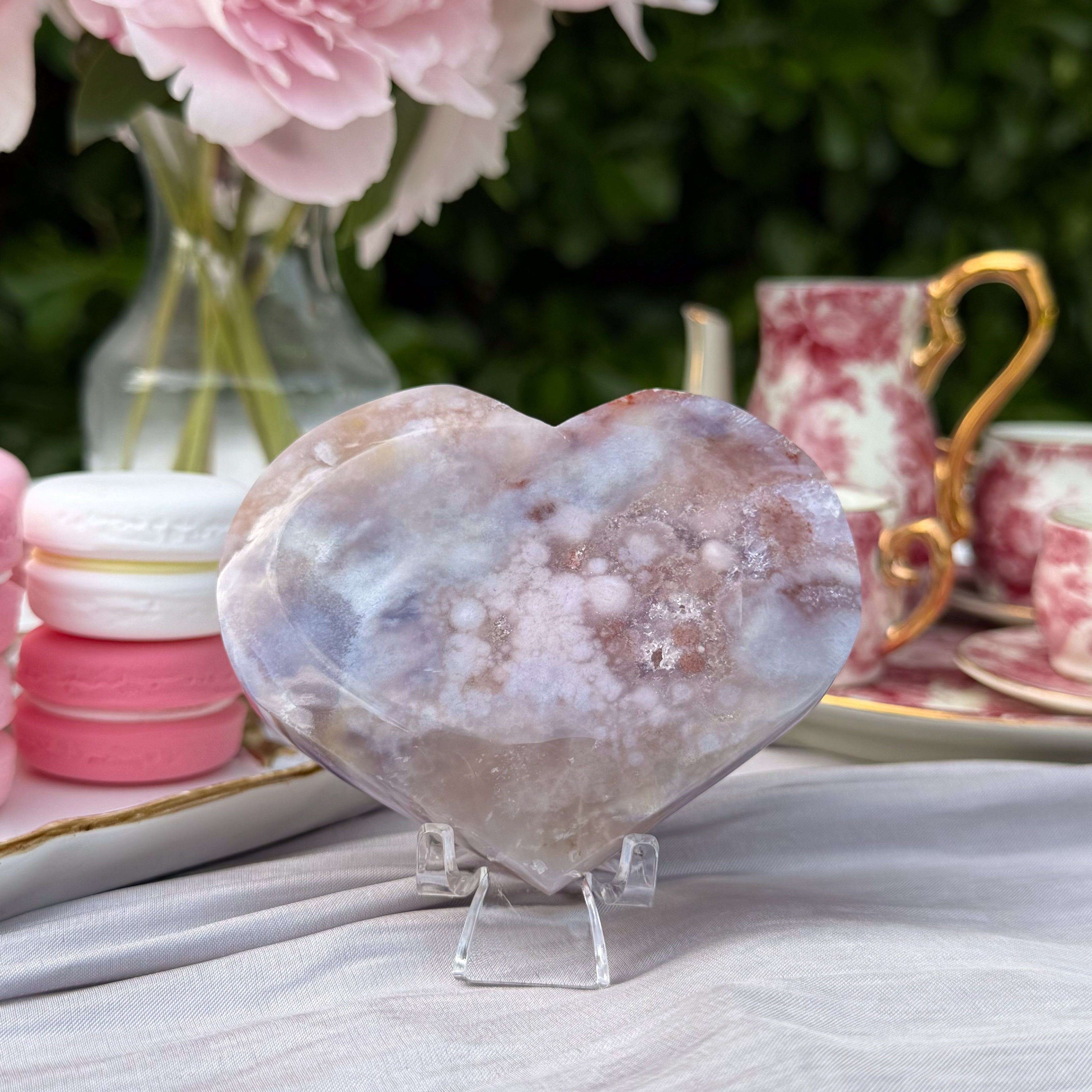 Pink Amethyst & Flower Agate Heart Carving (Choose Your Own)