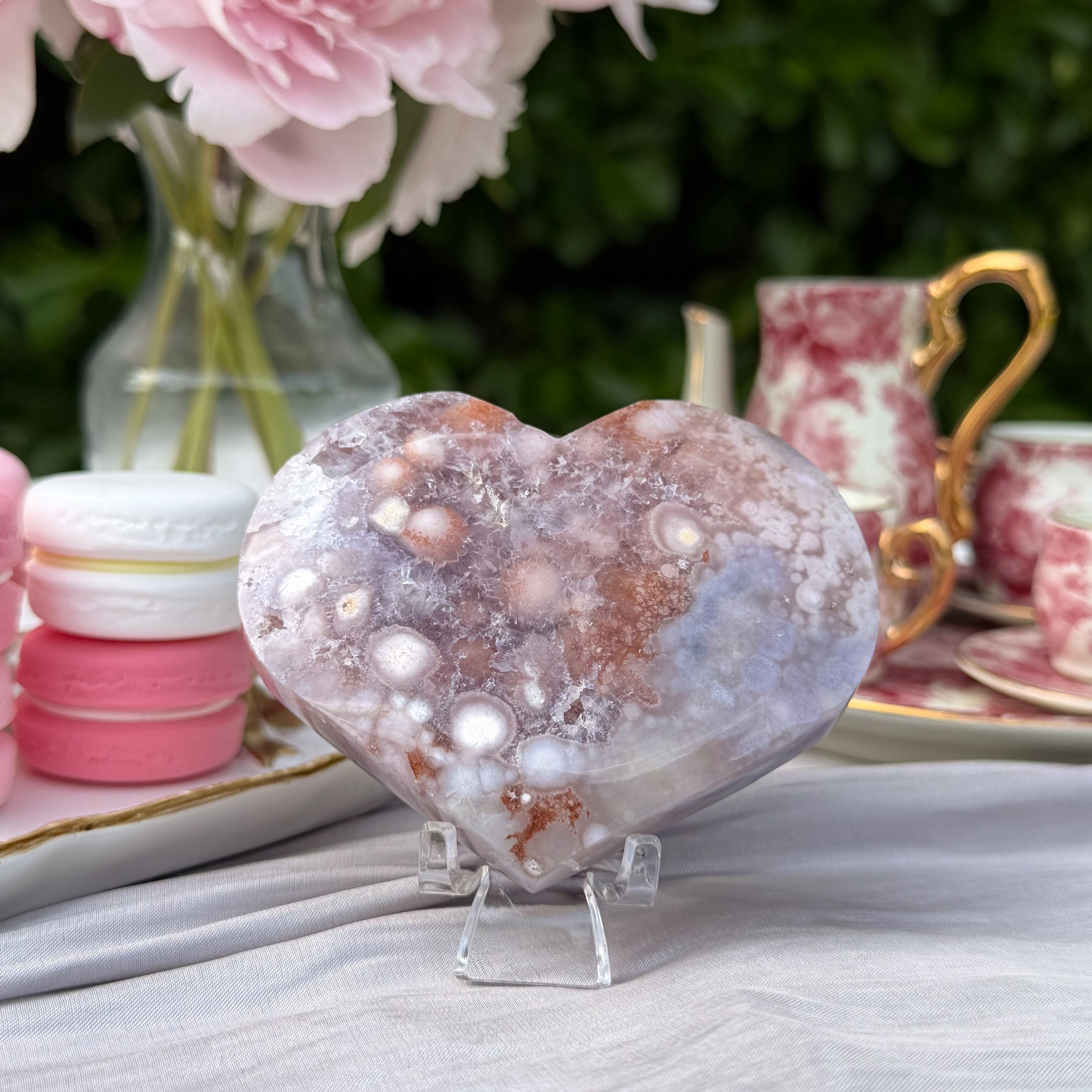 Pink Amethyst & Flower Agate Heart Carving (Choose Your Own)