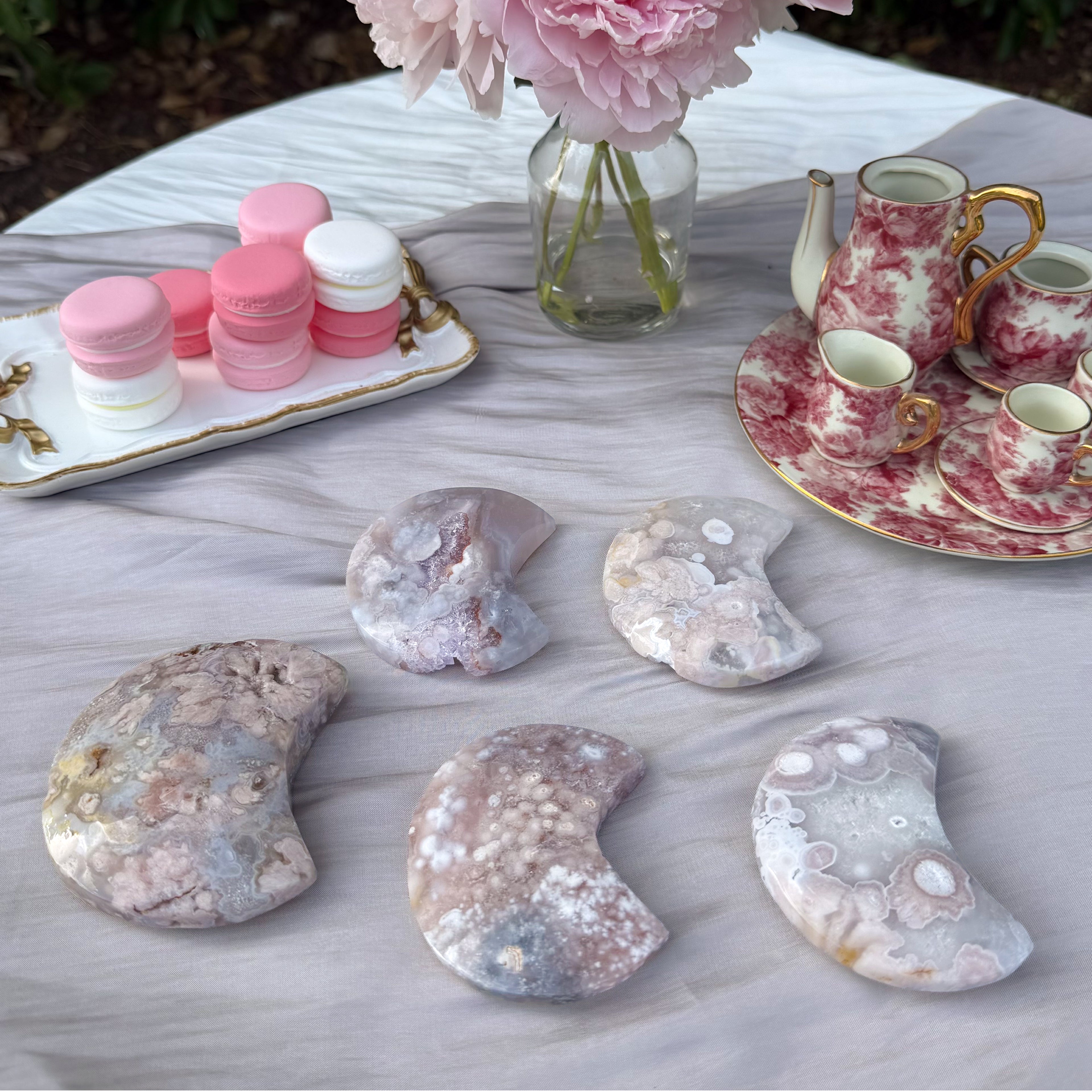 Pink Amethyst & Flower Agate Moon Carving- Medium (Choose Your Own)