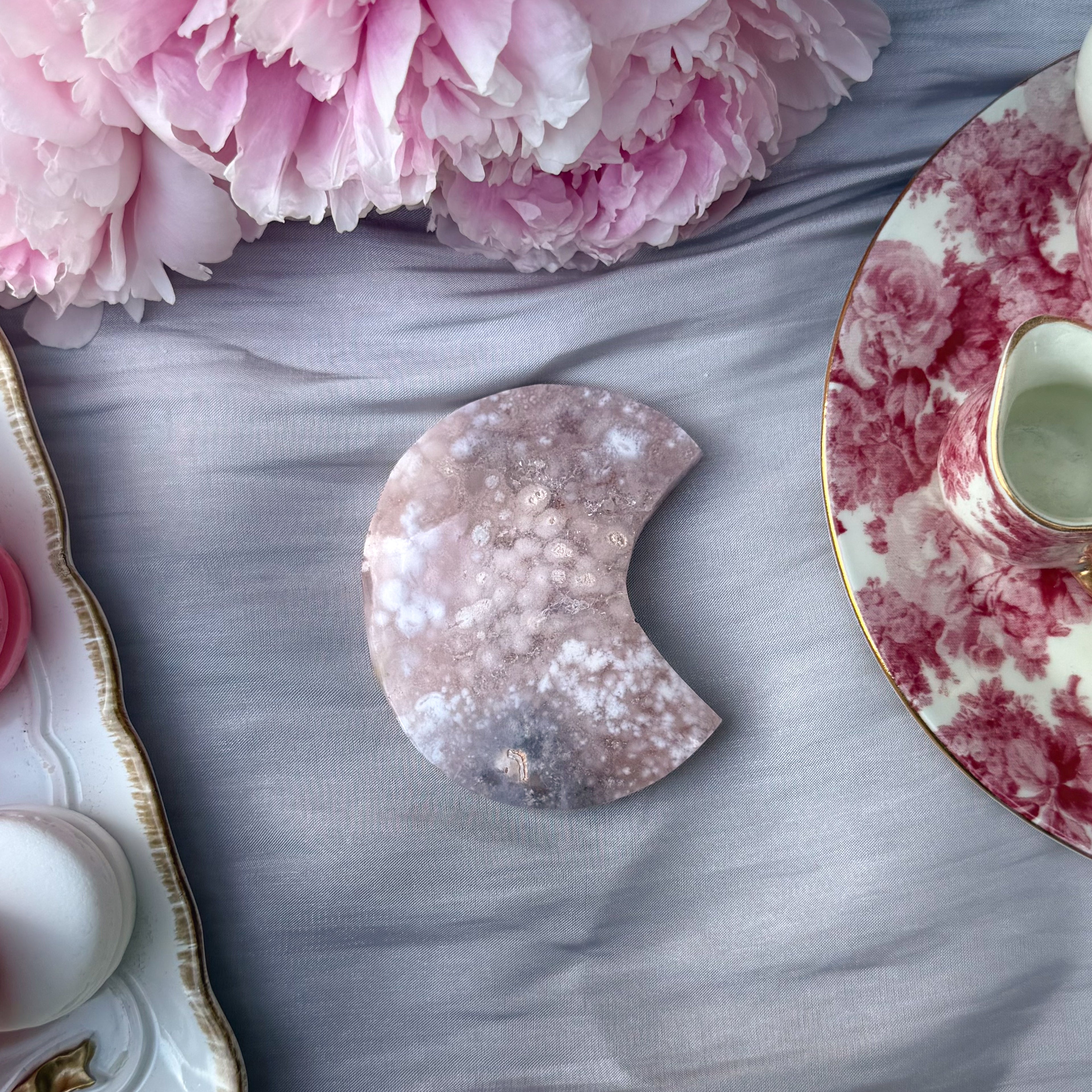 Pink Amethyst & Flower Agate Moon Carving- Medium (Choose Your Own)