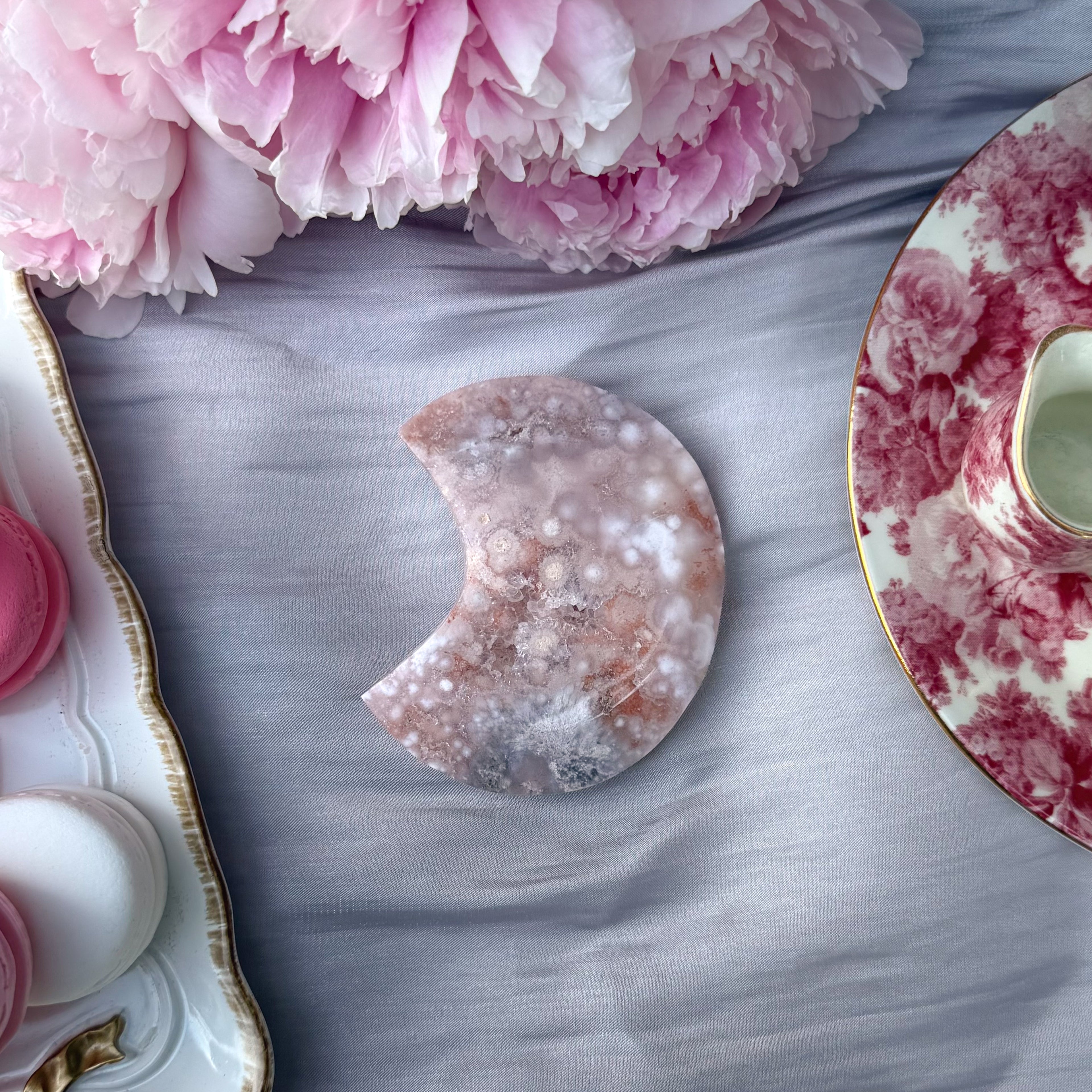 Pink Amethyst & Flower Agate Moon Carving- Medium (Choose Your Own)