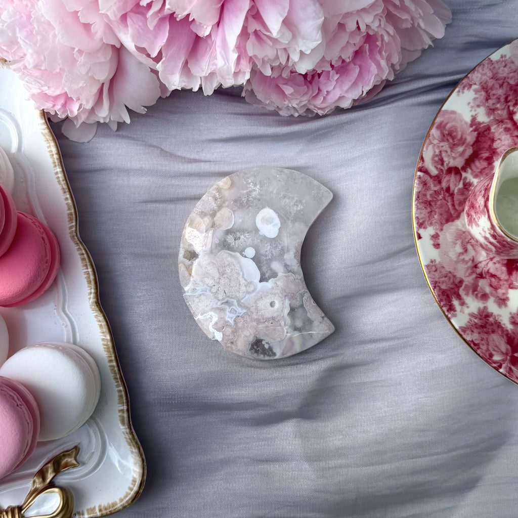 Pink Amethyst & Flower Agate Moon Carving- Medium (Choose Your Own)