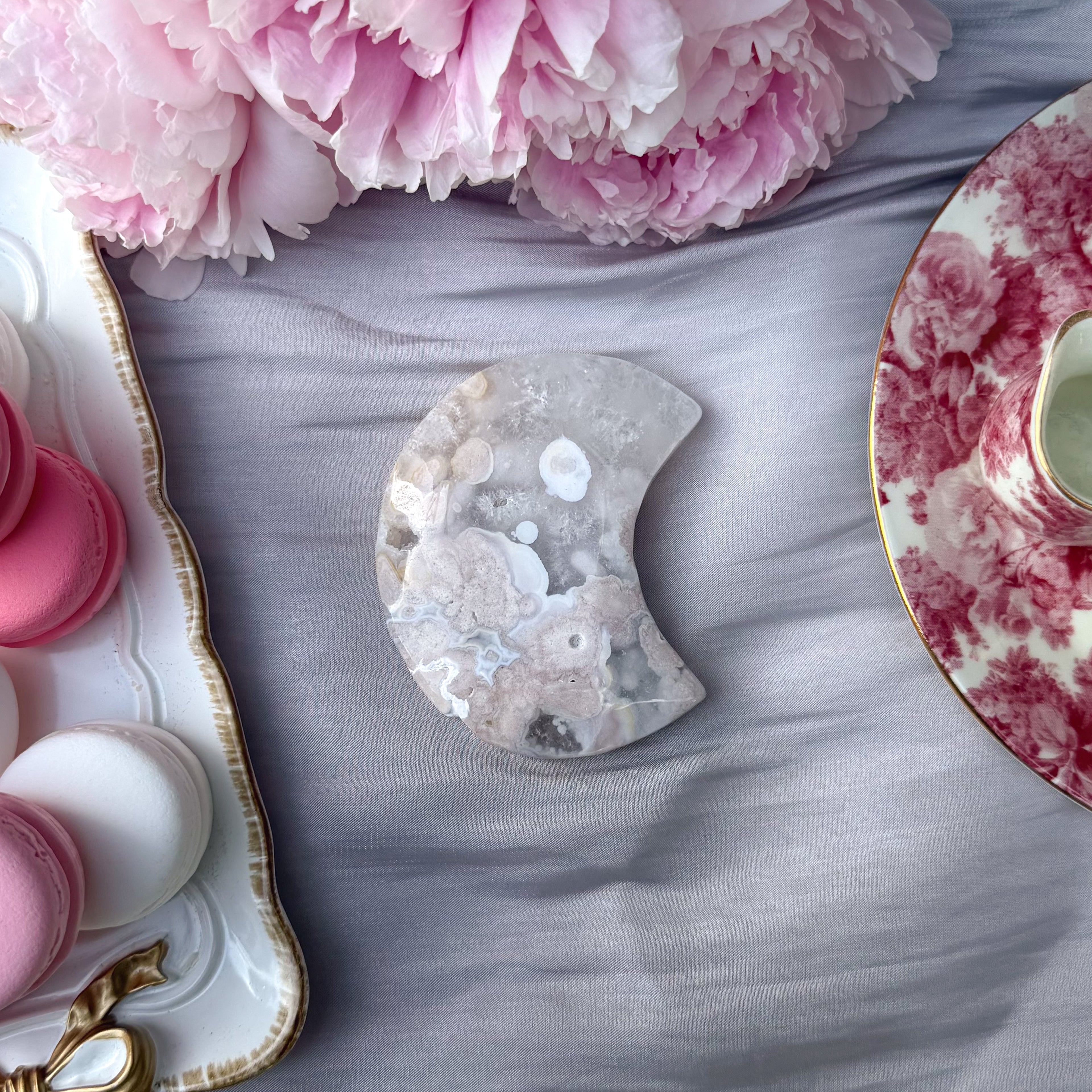 Pink Amethyst & Flower Agate Moon Carving- Medium (Choose Your Own)