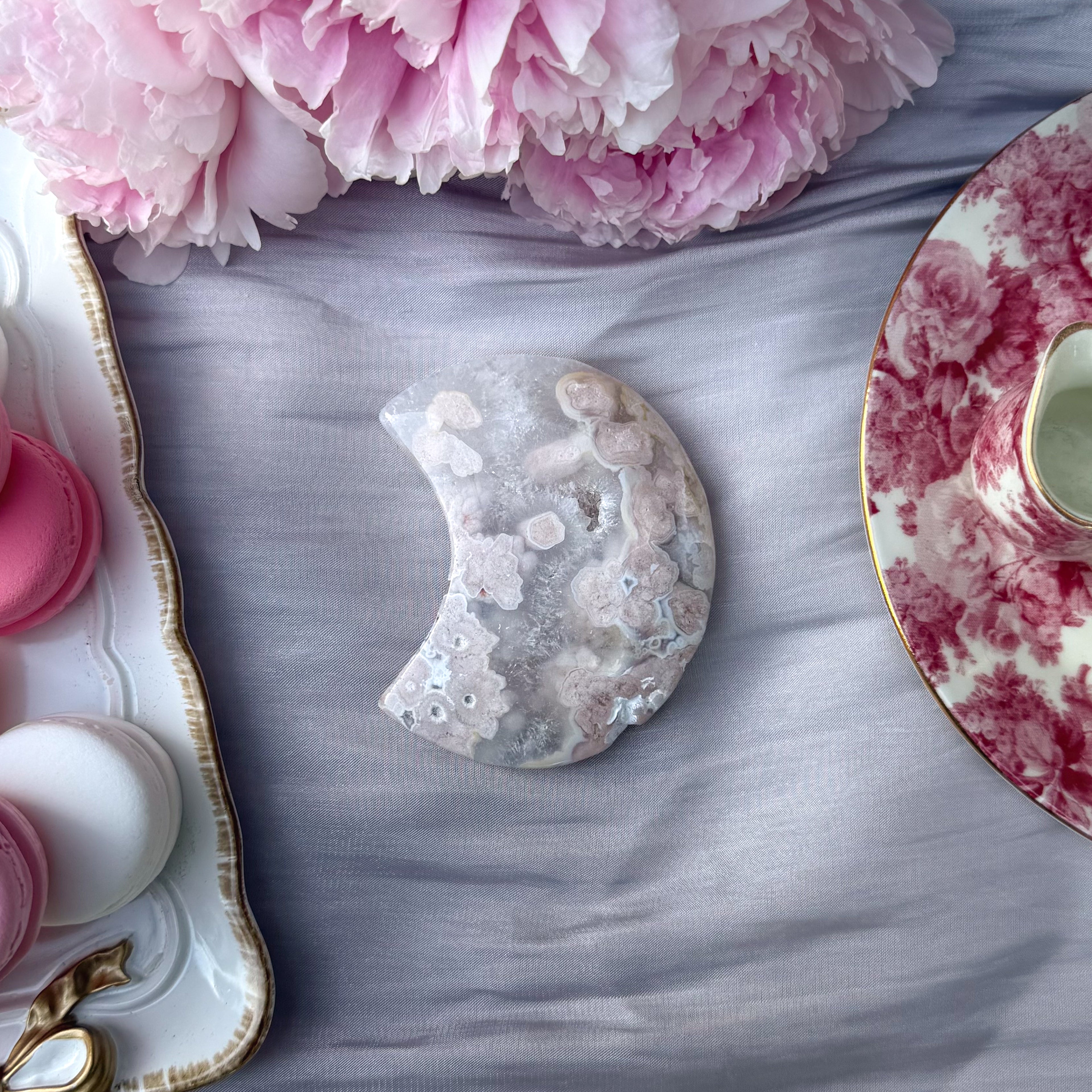 Pink Amethyst & Flower Agate Moon Carving- Medium (Choose Your Own)
