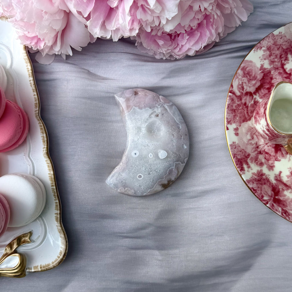 Pink Amethyst & Flower Agate Moon Carving- Medium (Choose Your Own)