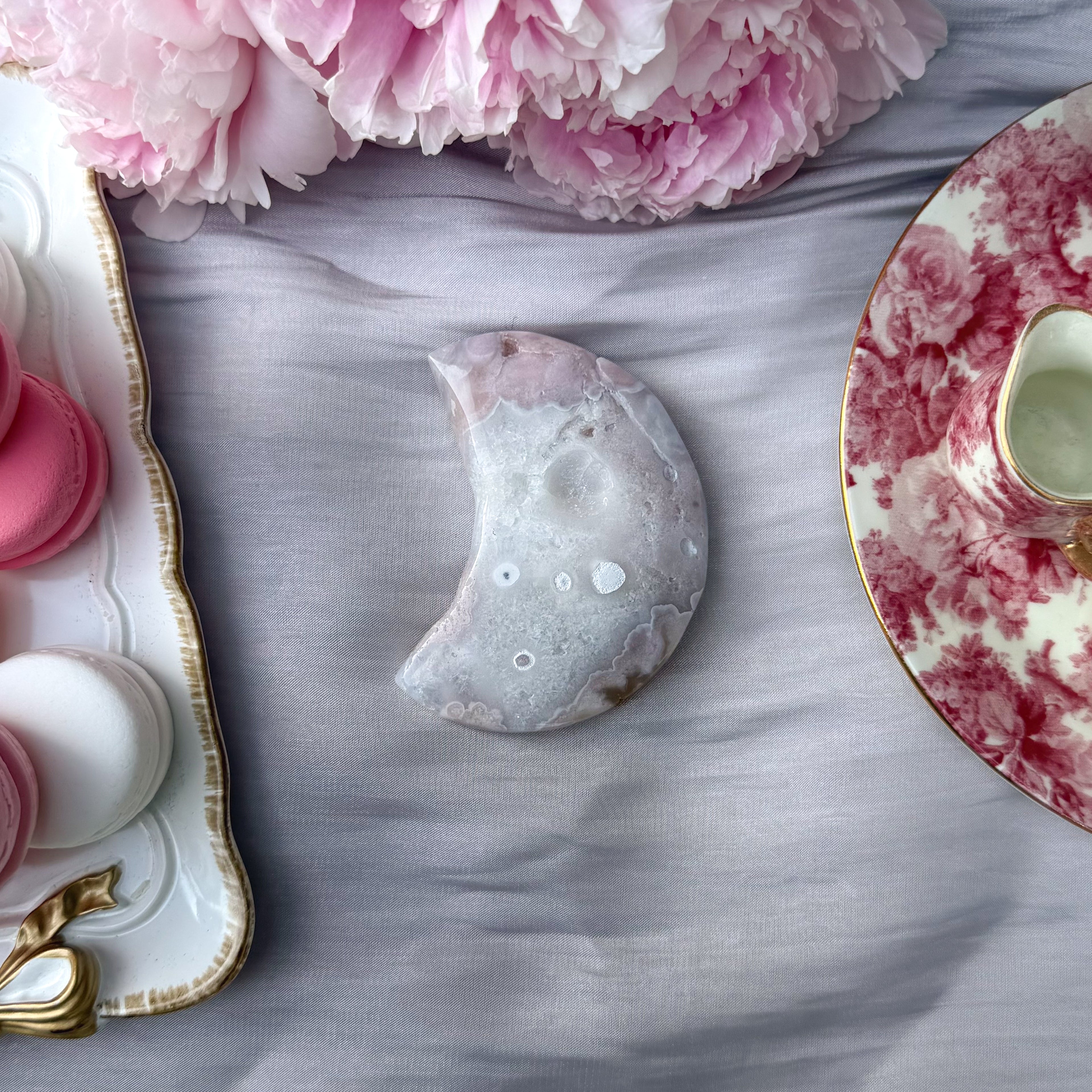 Pink Amethyst & Flower Agate Moon Carving- Medium (Choose Your Own)