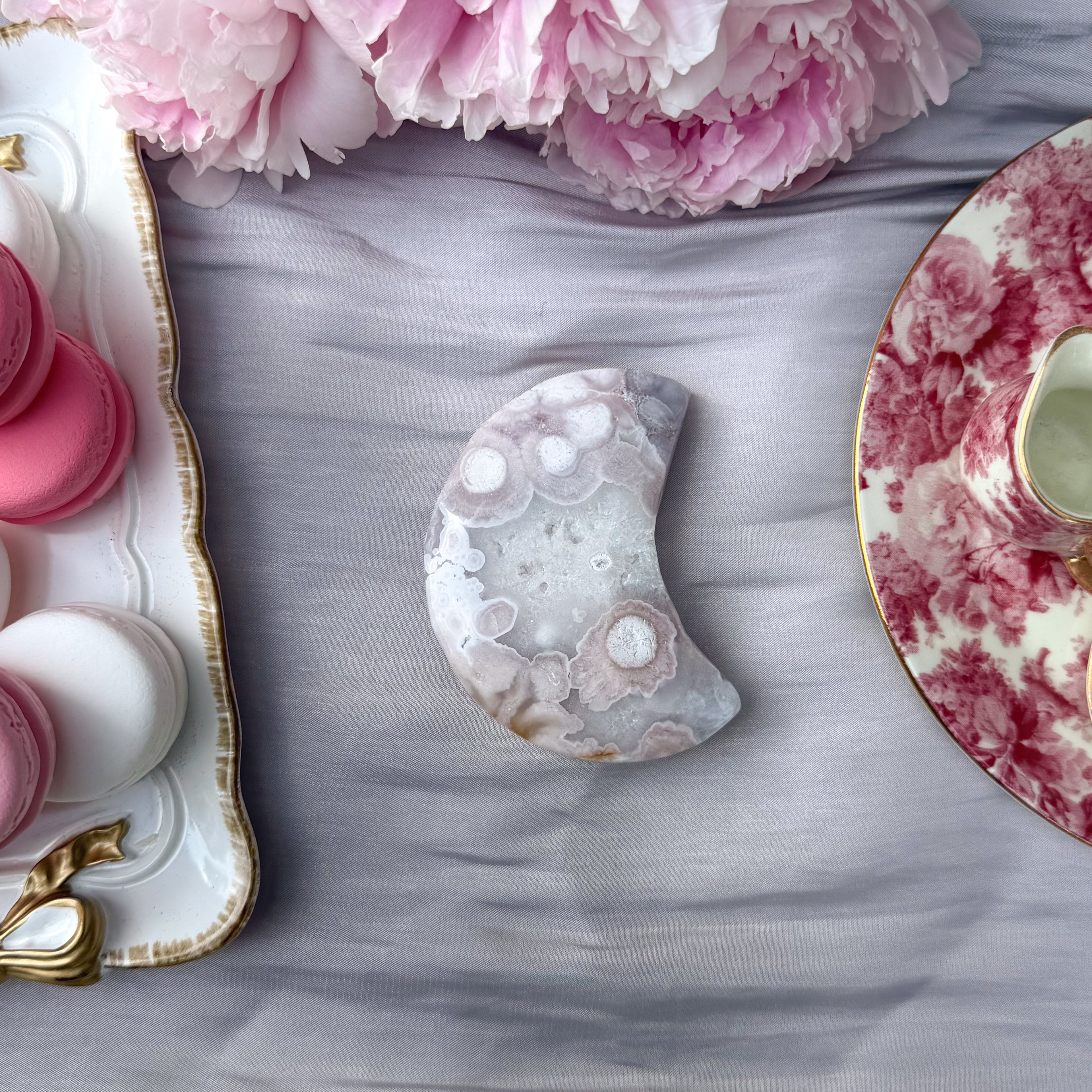 Pink Amethyst & Flower Agate Moon Carving- Medium (Choose Your Own)