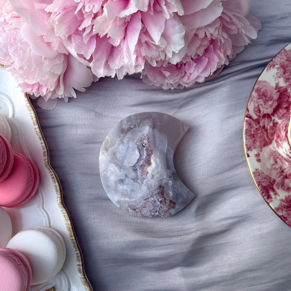 Pink Amethyst & Flower Agate Moon Carving- Medium (Choose Your Own)