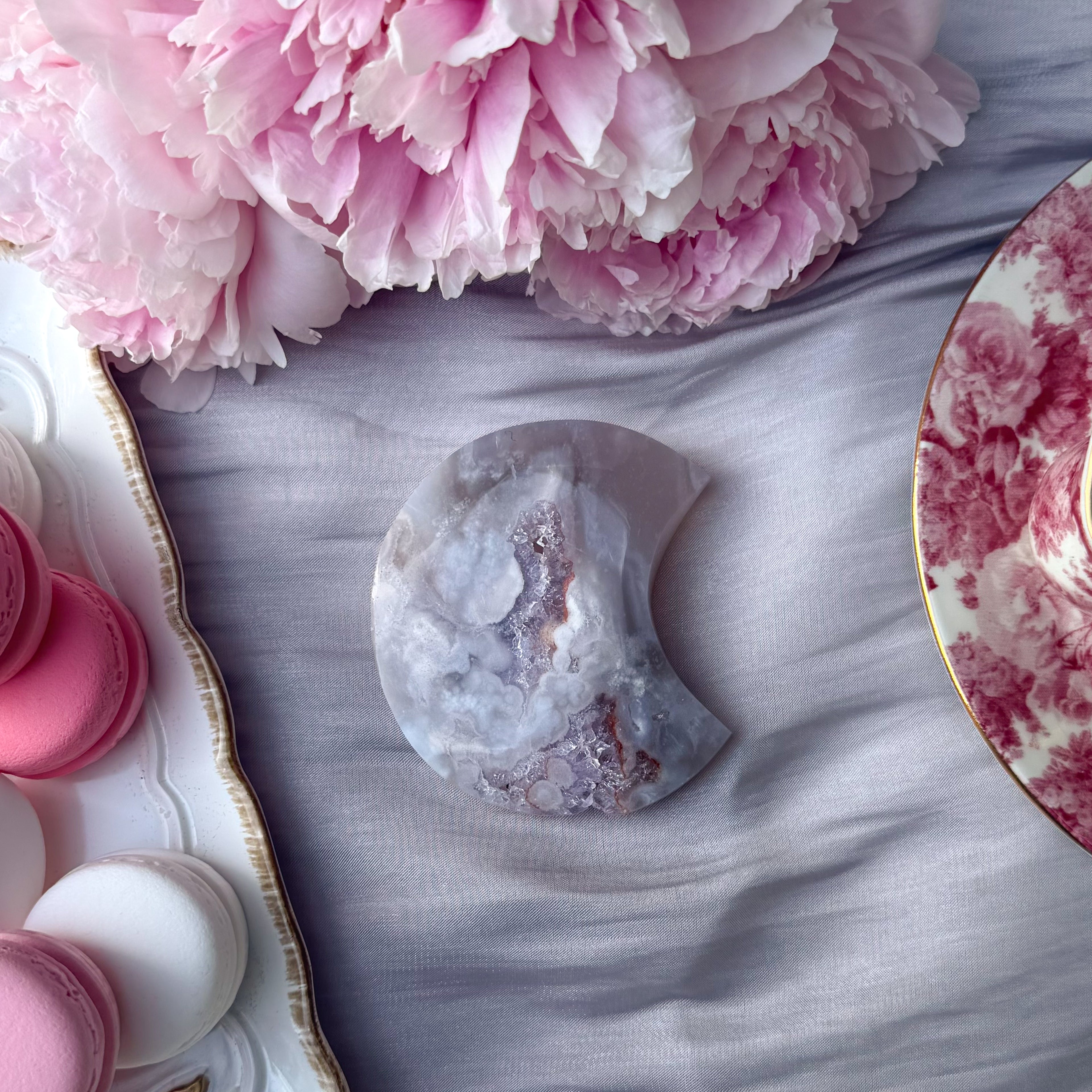 Pink Amethyst & Flower Agate Moon Carving- Medium (Choose Your Own)