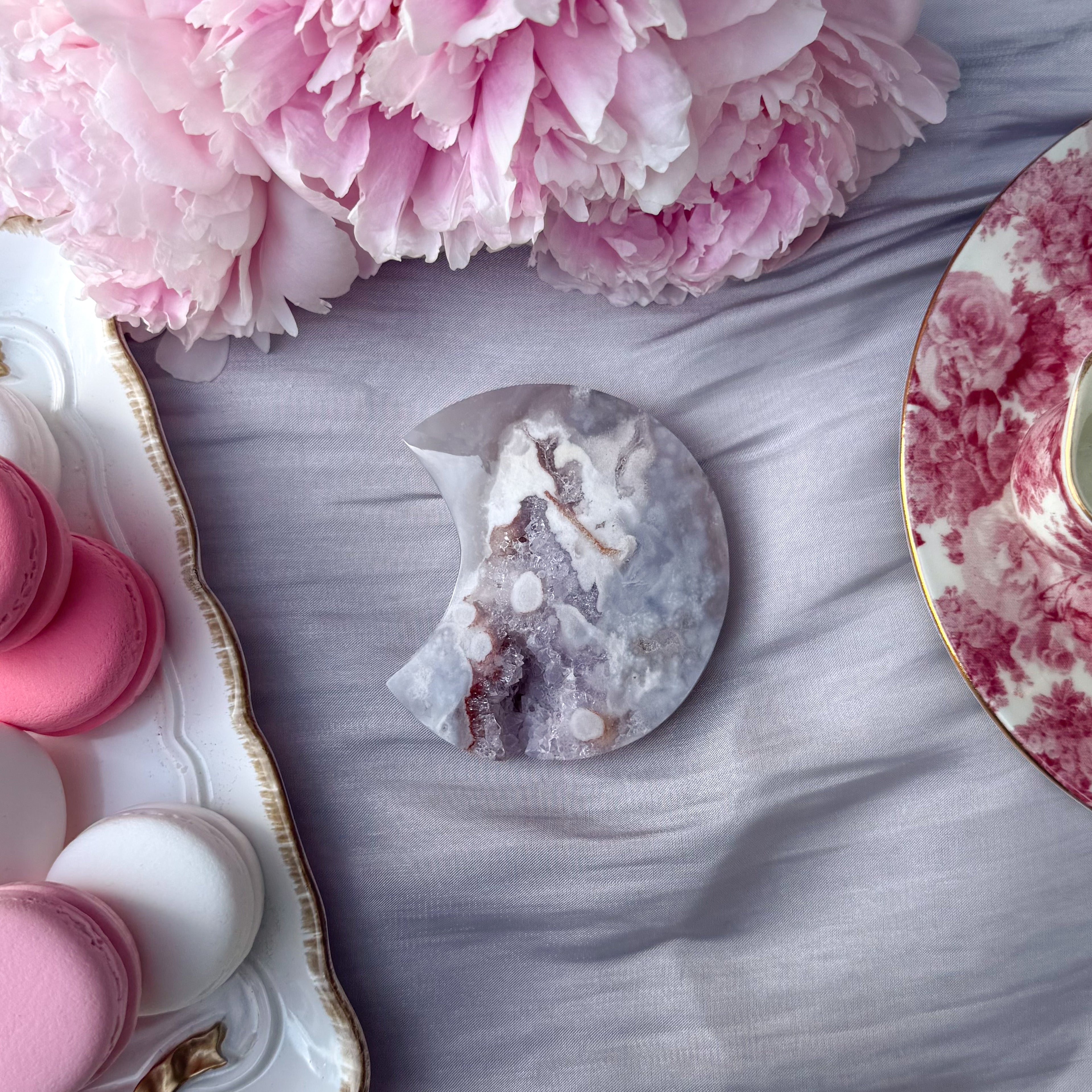 Pink Amethyst & Flower Agate Moon Carving- Medium (Choose Your Own)