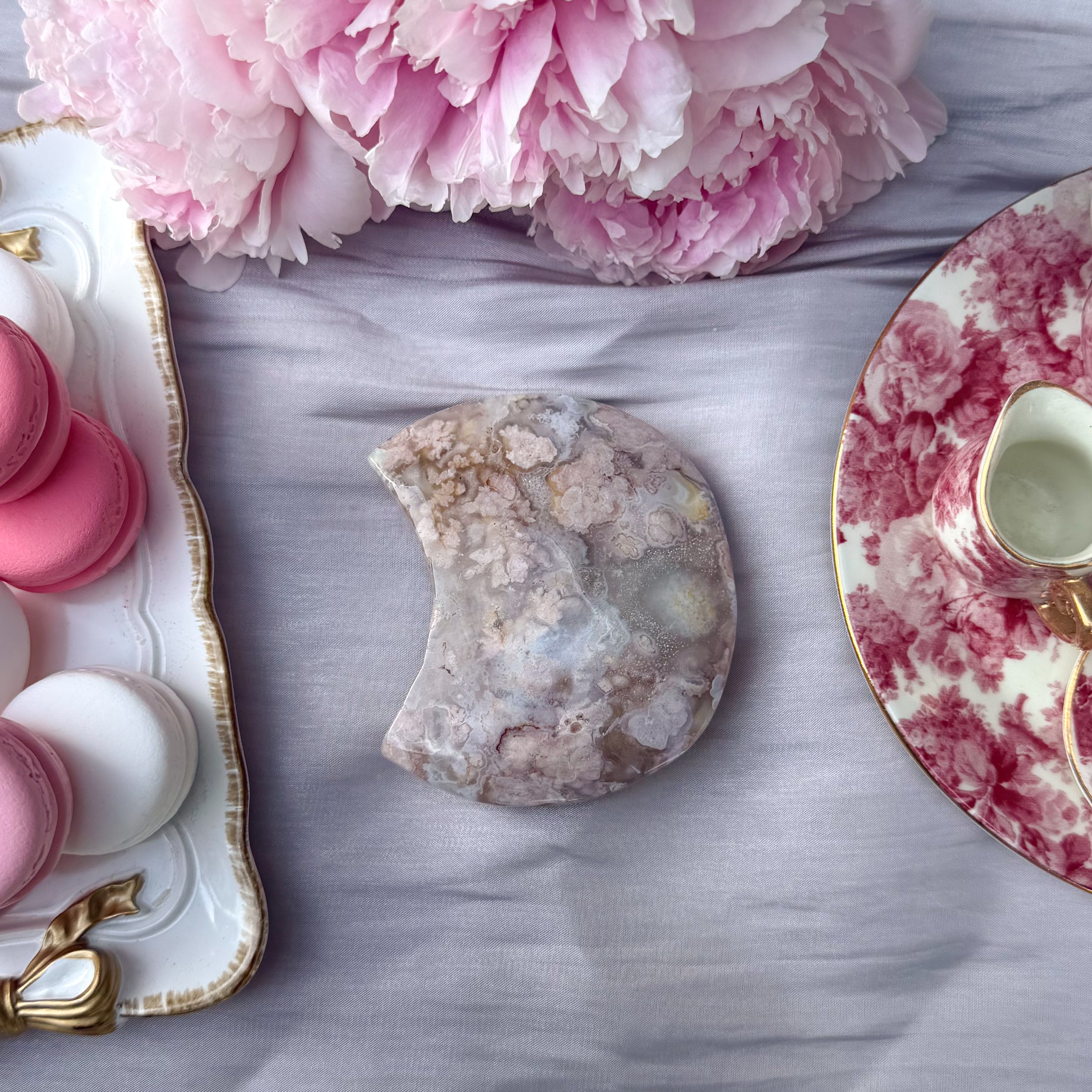 Pink Amethyst & Flower Agate Moon Carving- Medium (Choose Your Own)