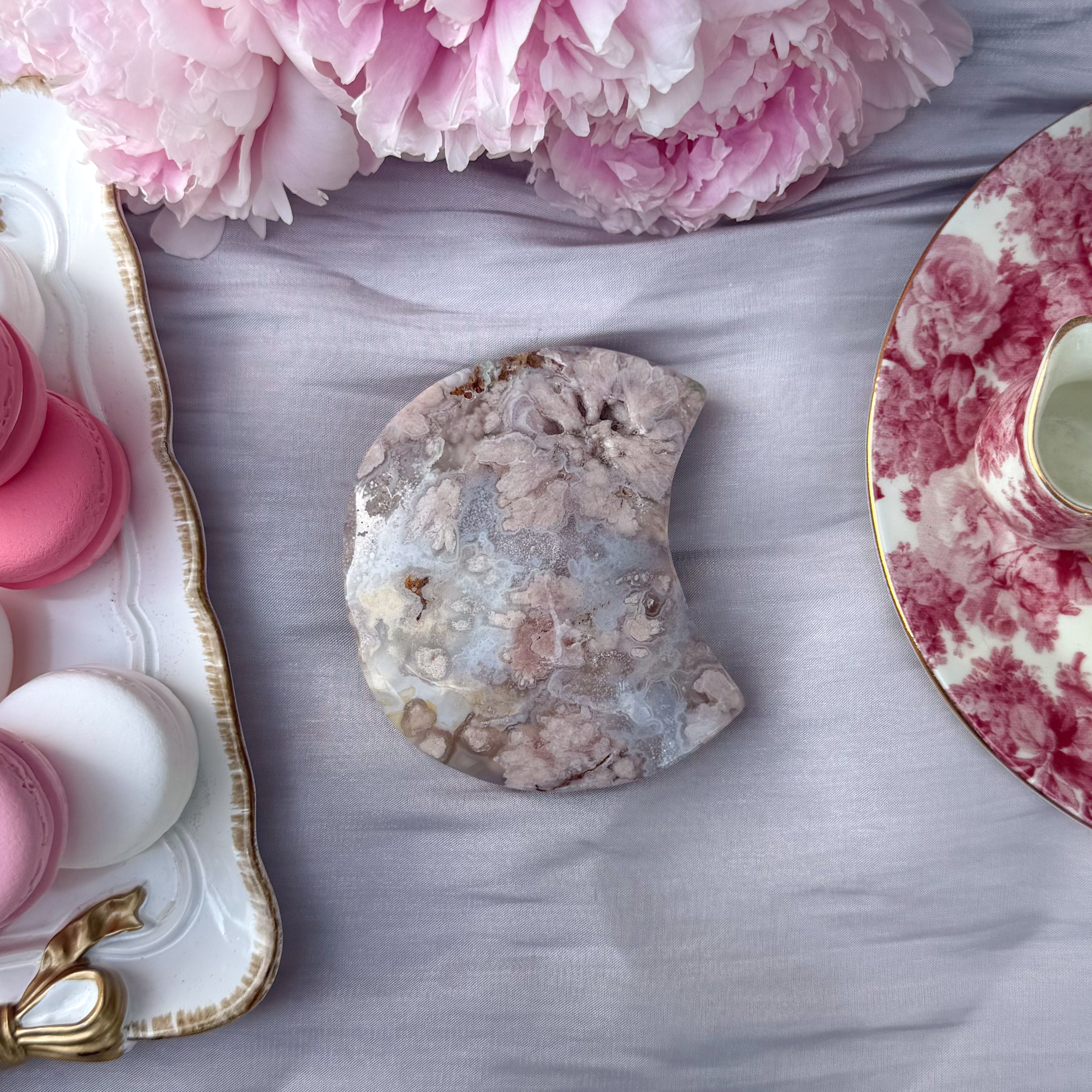 Pink Amethyst & Flower Agate Moon Carving- Medium (Choose Your Own)