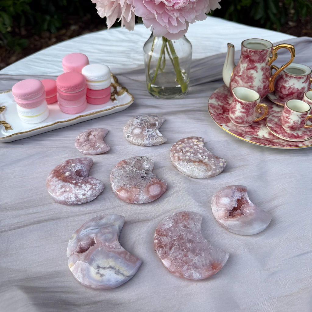 Pink Amethyst & Flower Agate Moon Carving- Small (Choose Your Own)