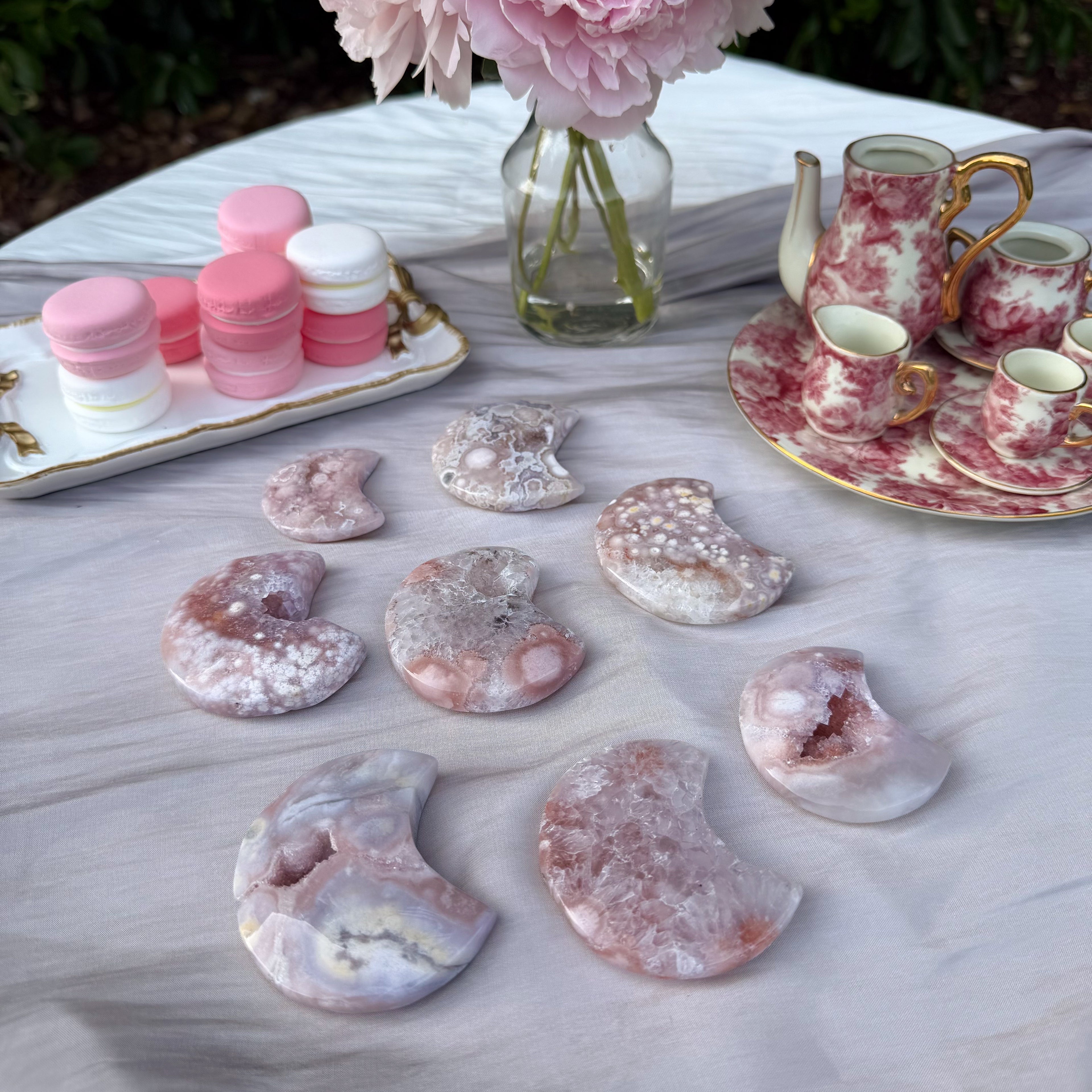 Pink Amethyst & Flower Agate Moon Carving- Small (Choose Your Own)