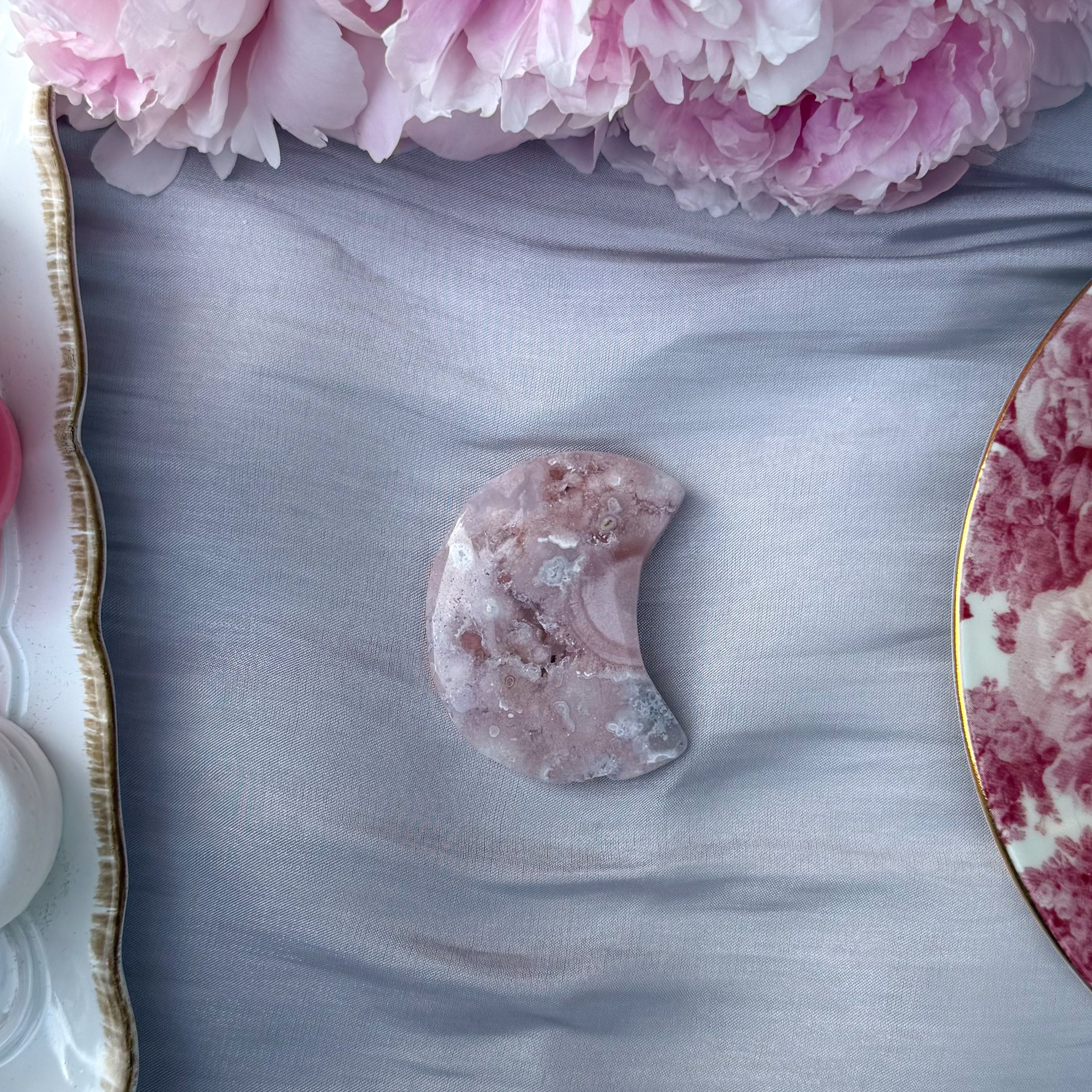 Pink Amethyst & Flower Agate Moon Carving- Small (Choose Your Own)