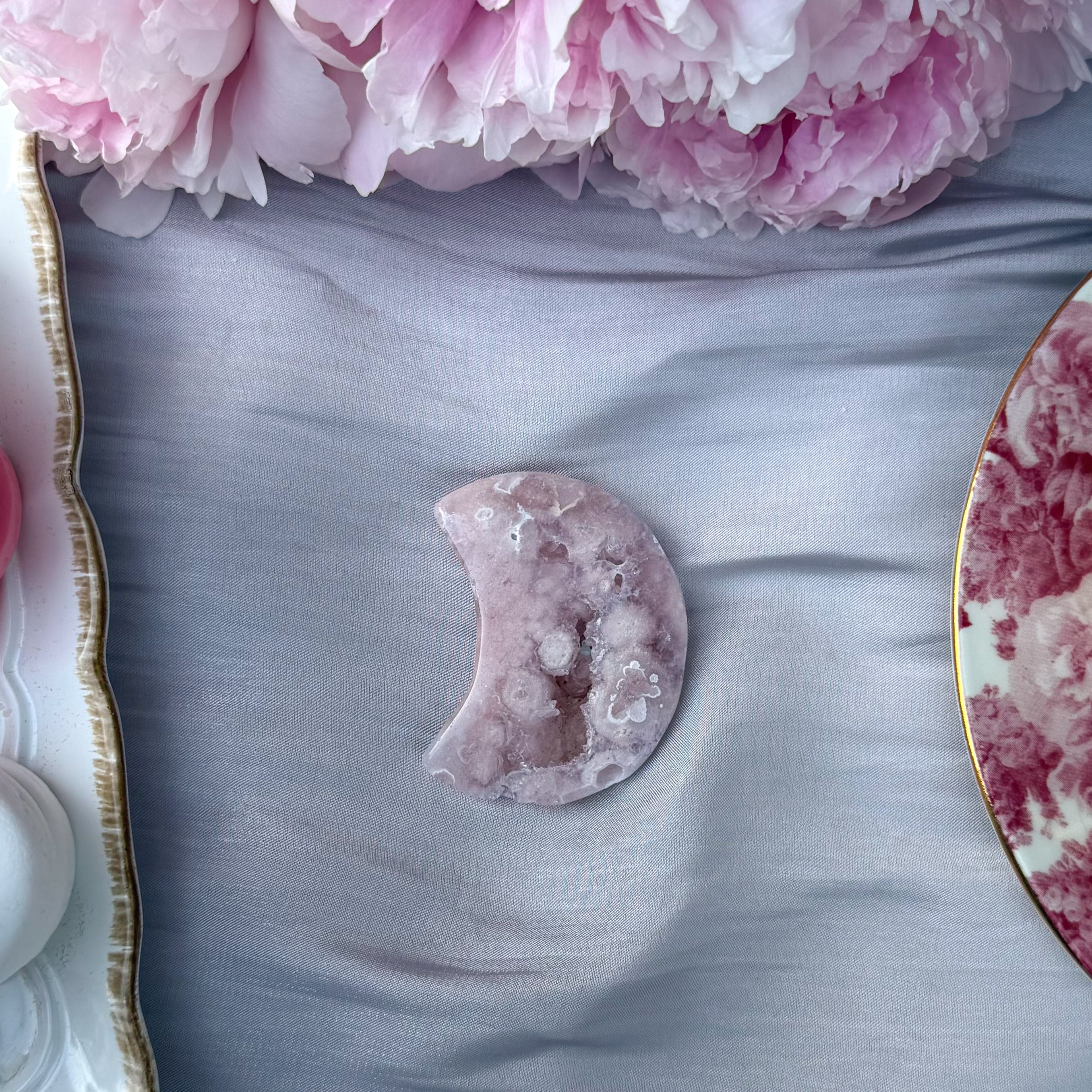 Pink Amethyst & Flower Agate Moon Carving- Small (Choose Your Own)