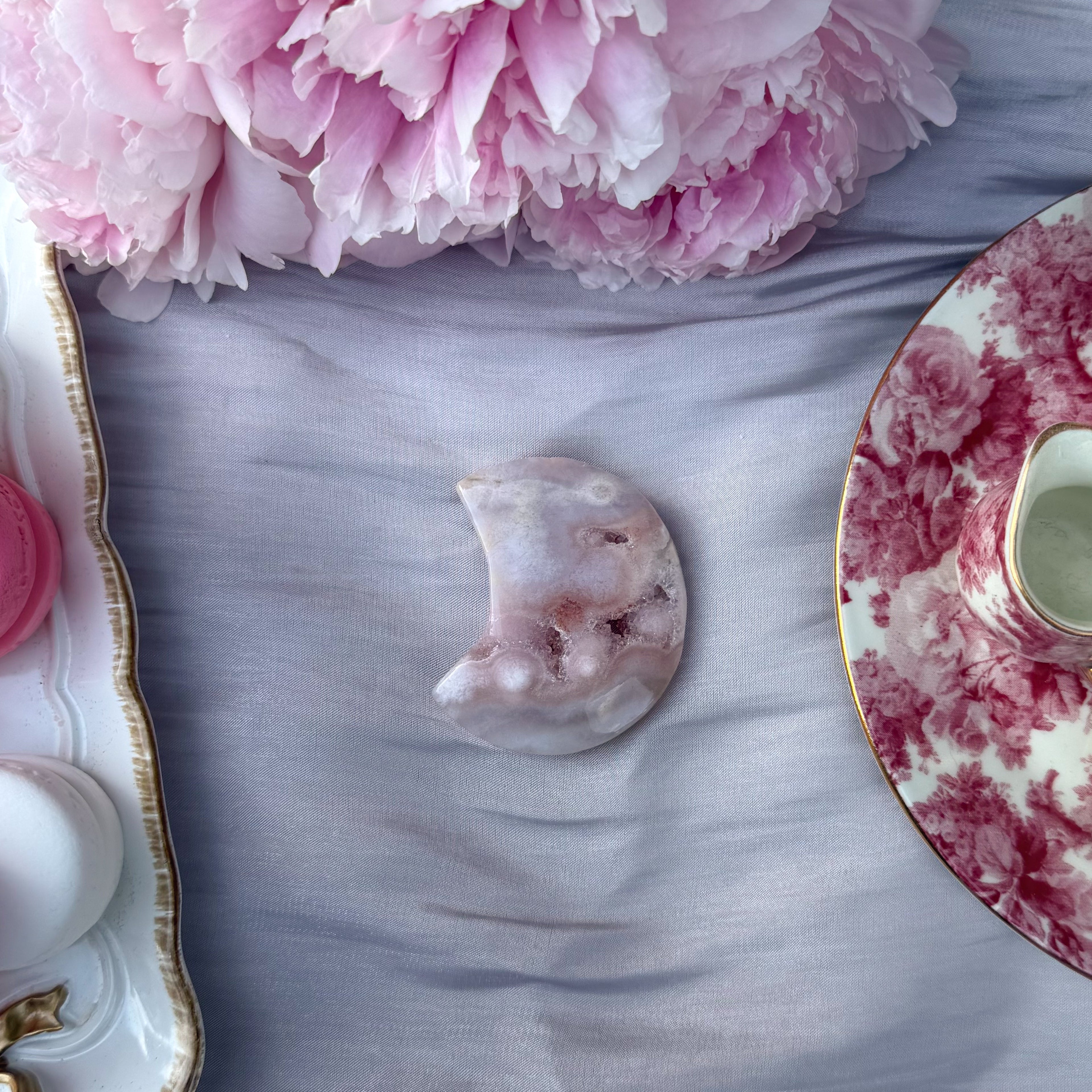 Pink Amethyst & Flower Agate Moon Carving- Small (Choose Your Own)