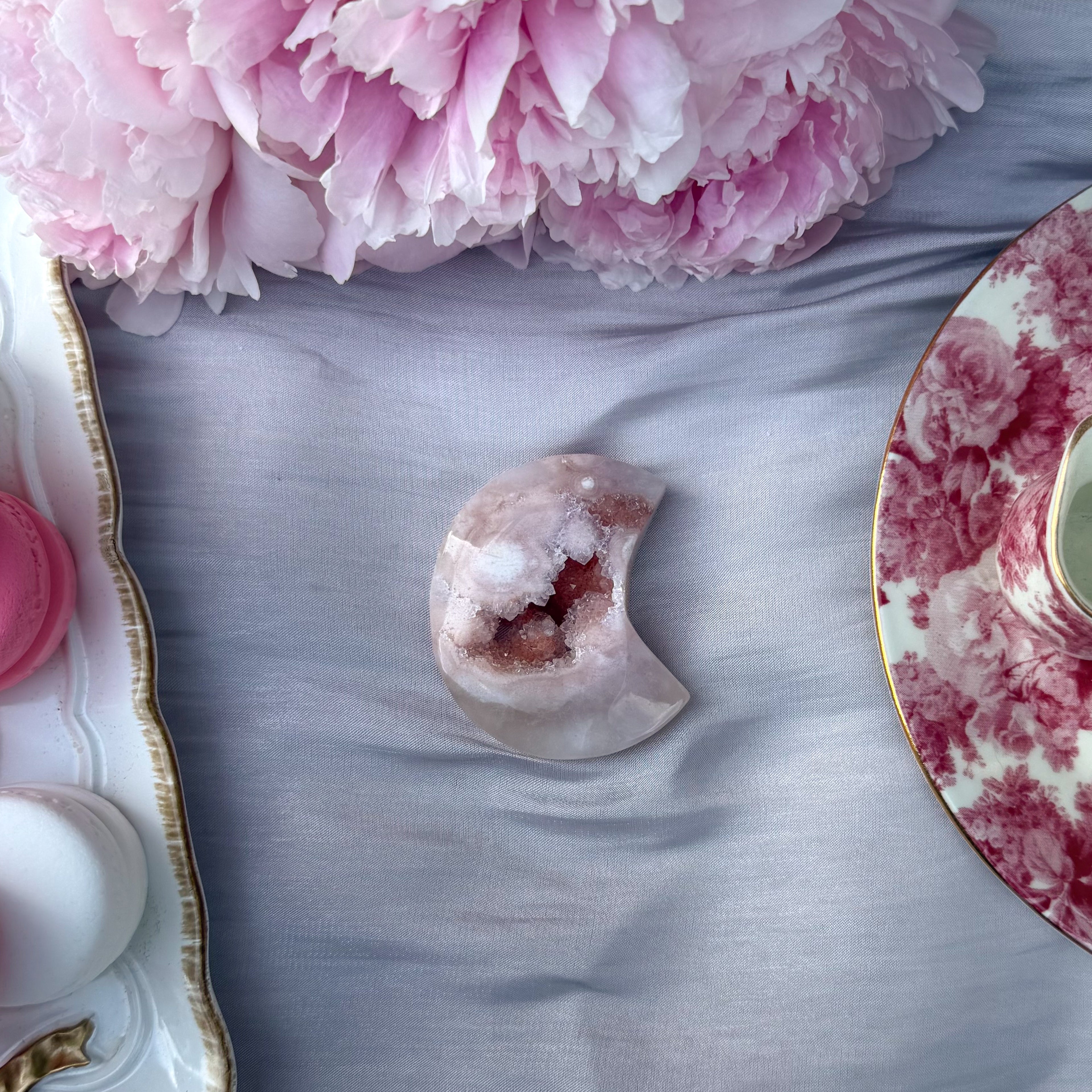Pink Amethyst & Flower Agate Moon Carving- Small (Choose Your Own)