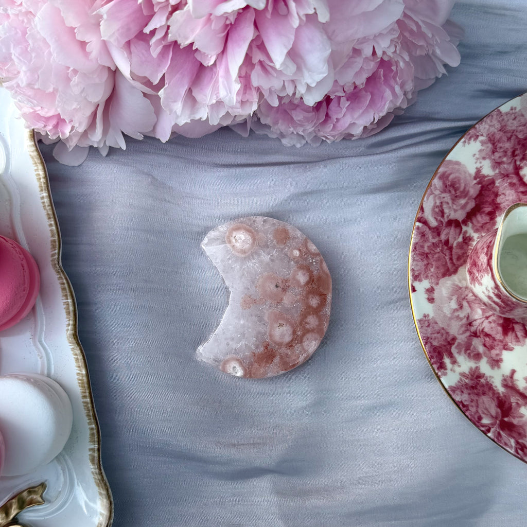Pink Amethyst & Flower Agate Moon Carving- Small (Choose Your Own)