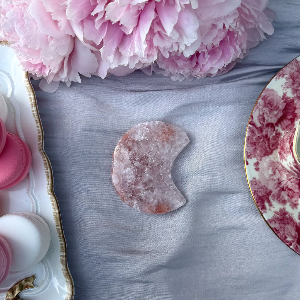 Pink Amethyst & Flower Agate Moon Carving- Small (Choose Your Own)