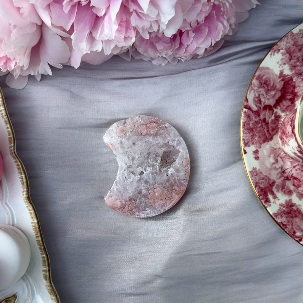 Pink Amethyst & Flower Agate Moon Carving- Small (Choose Your Own)