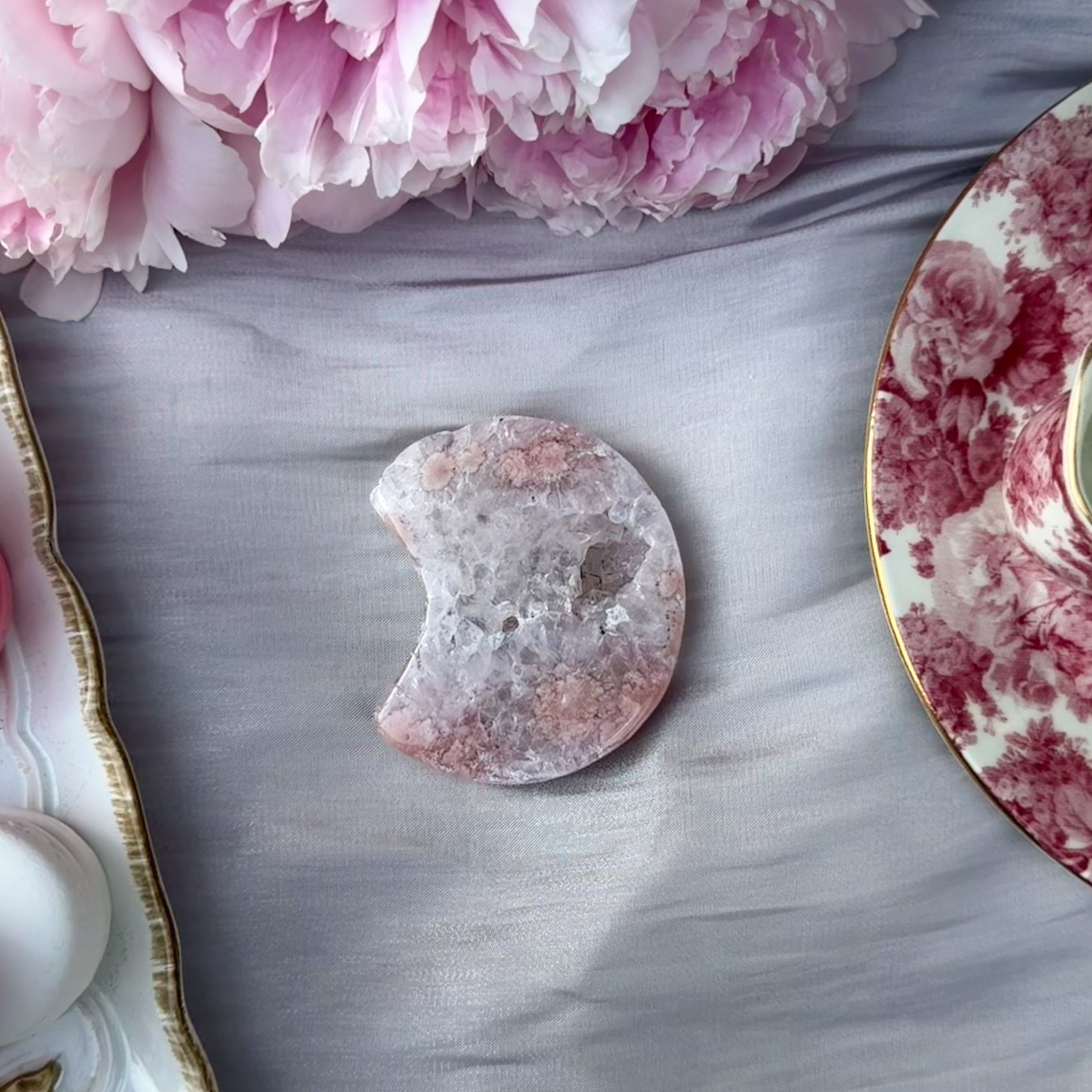Pink Amethyst & Flower Agate Moon Carving- Small (Choose Your Own)