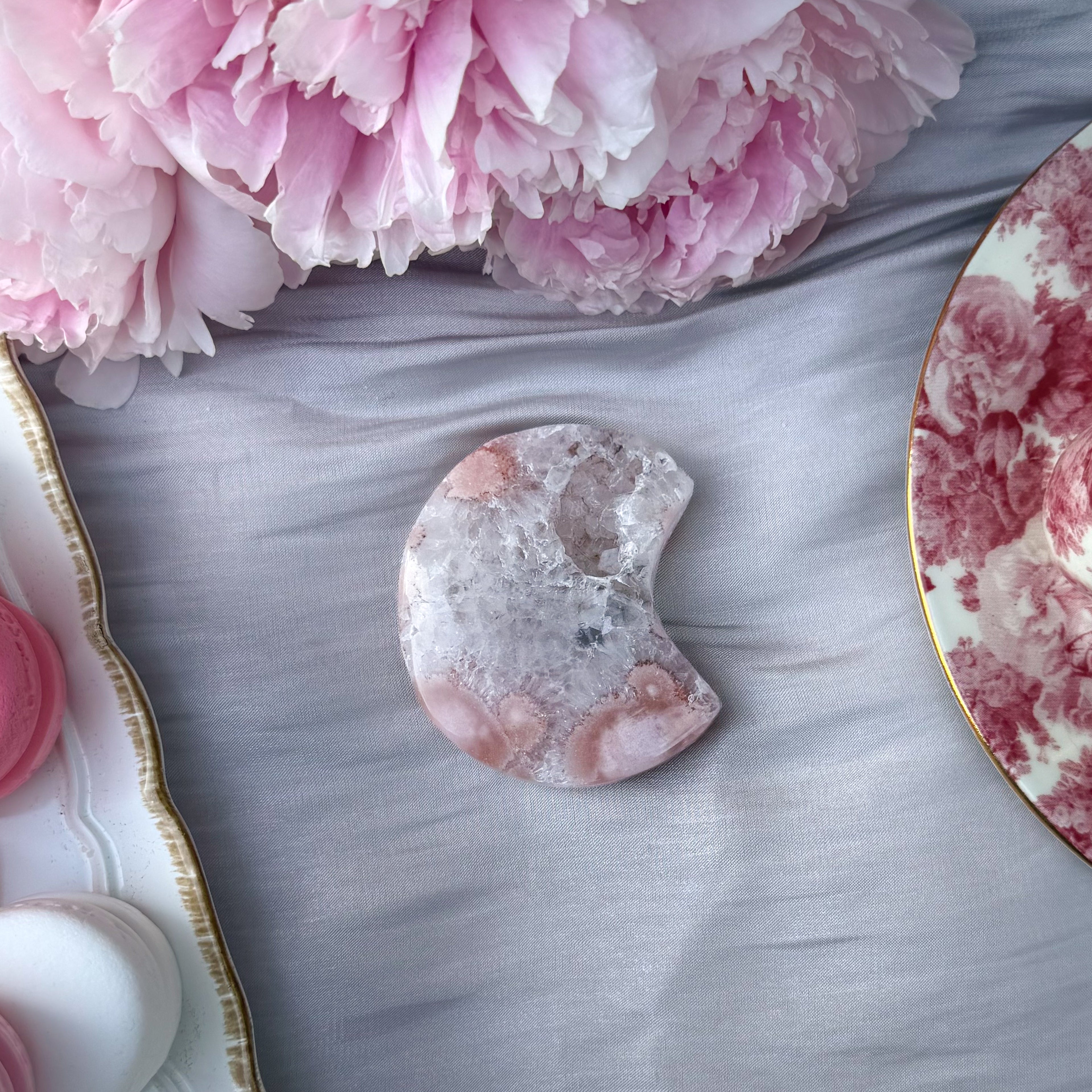 Pink Amethyst & Flower Agate Moon Carving- Small (Choose Your Own)