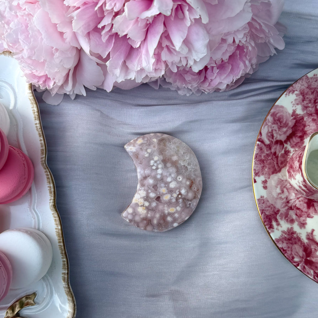 Pink Amethyst & Flower Agate Moon Carving- Small (Choose Your Own)