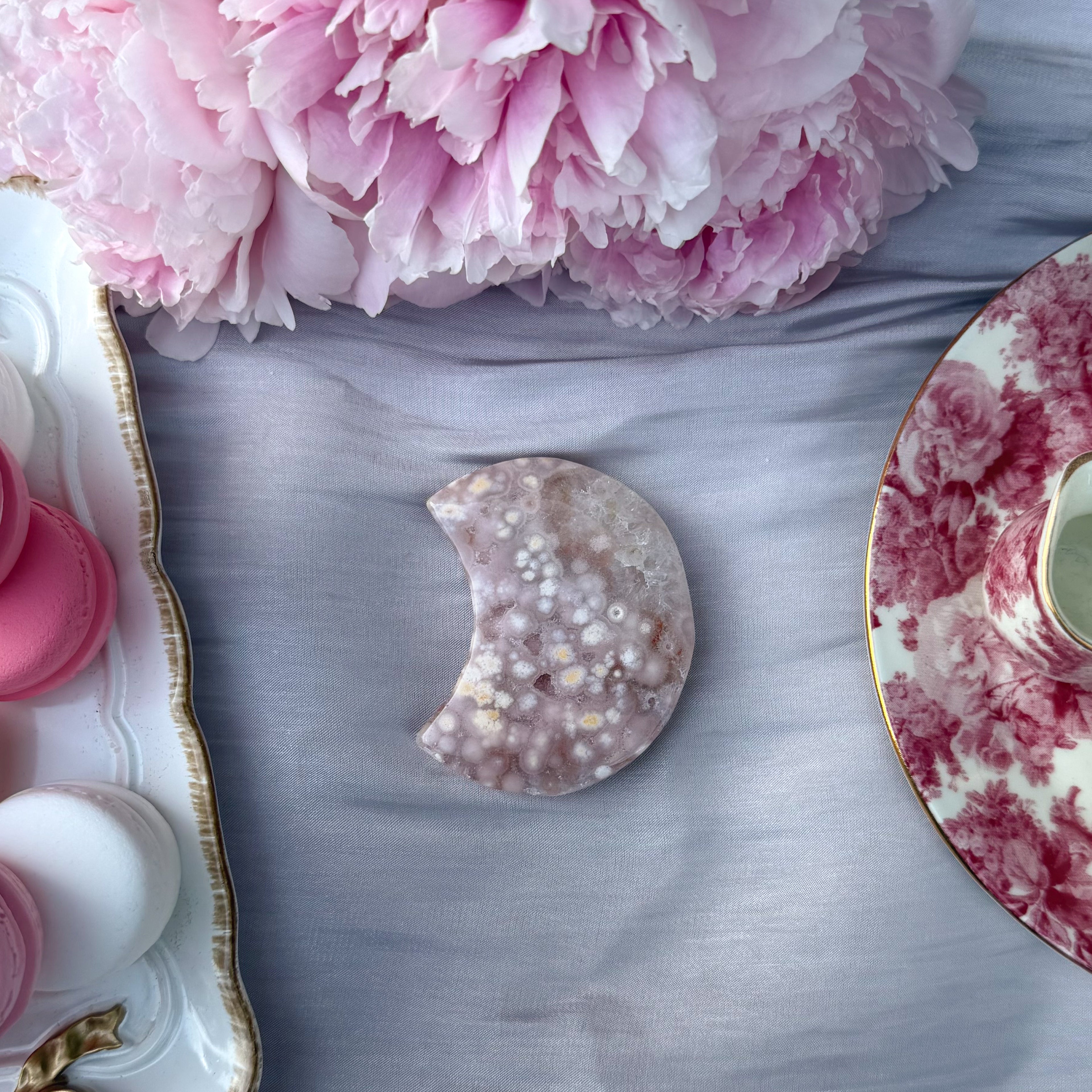 Pink Amethyst & Flower Agate Moon Carving- Small (Choose Your Own)