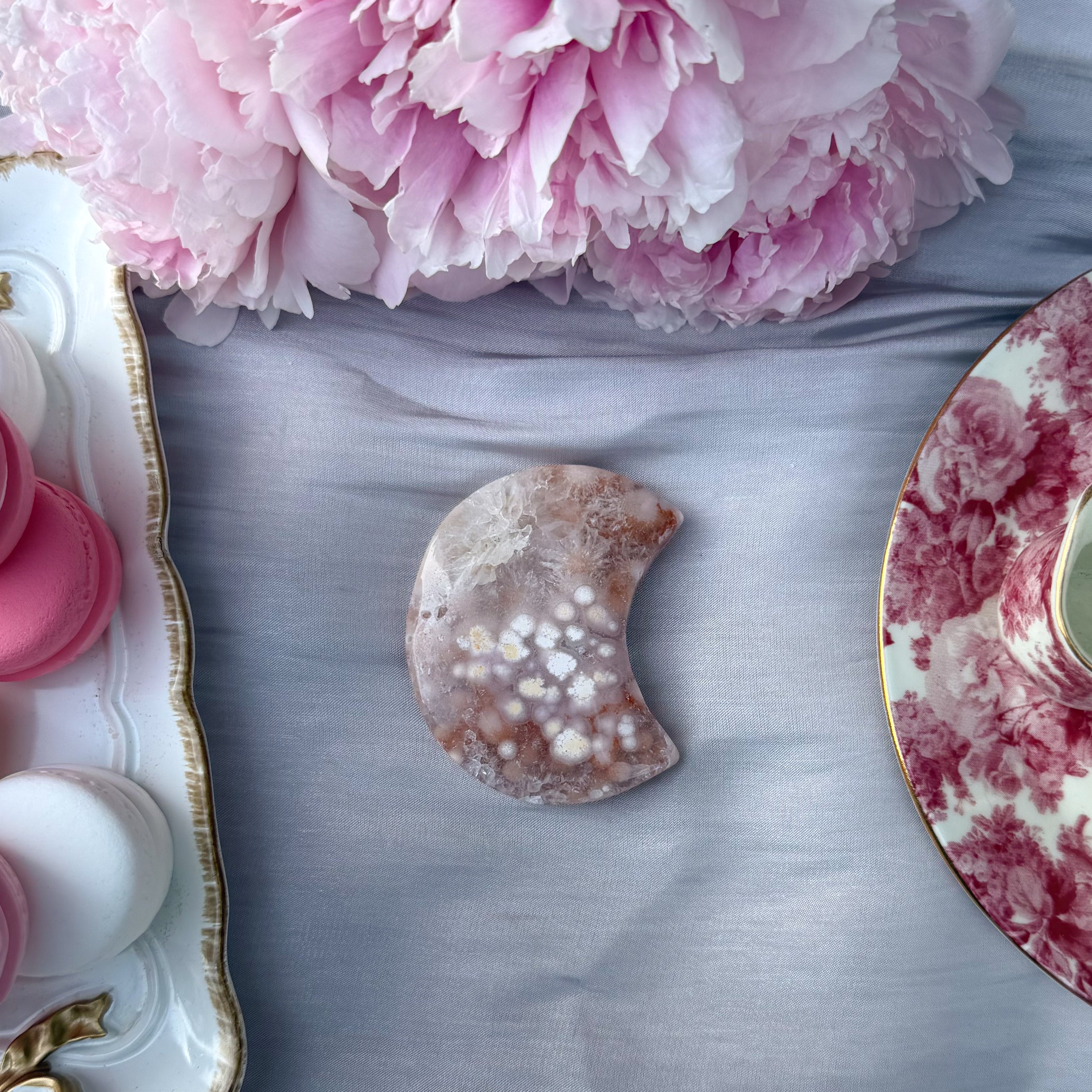 Pink Amethyst & Flower Agate Moon Carving- Small (Choose Your Own)