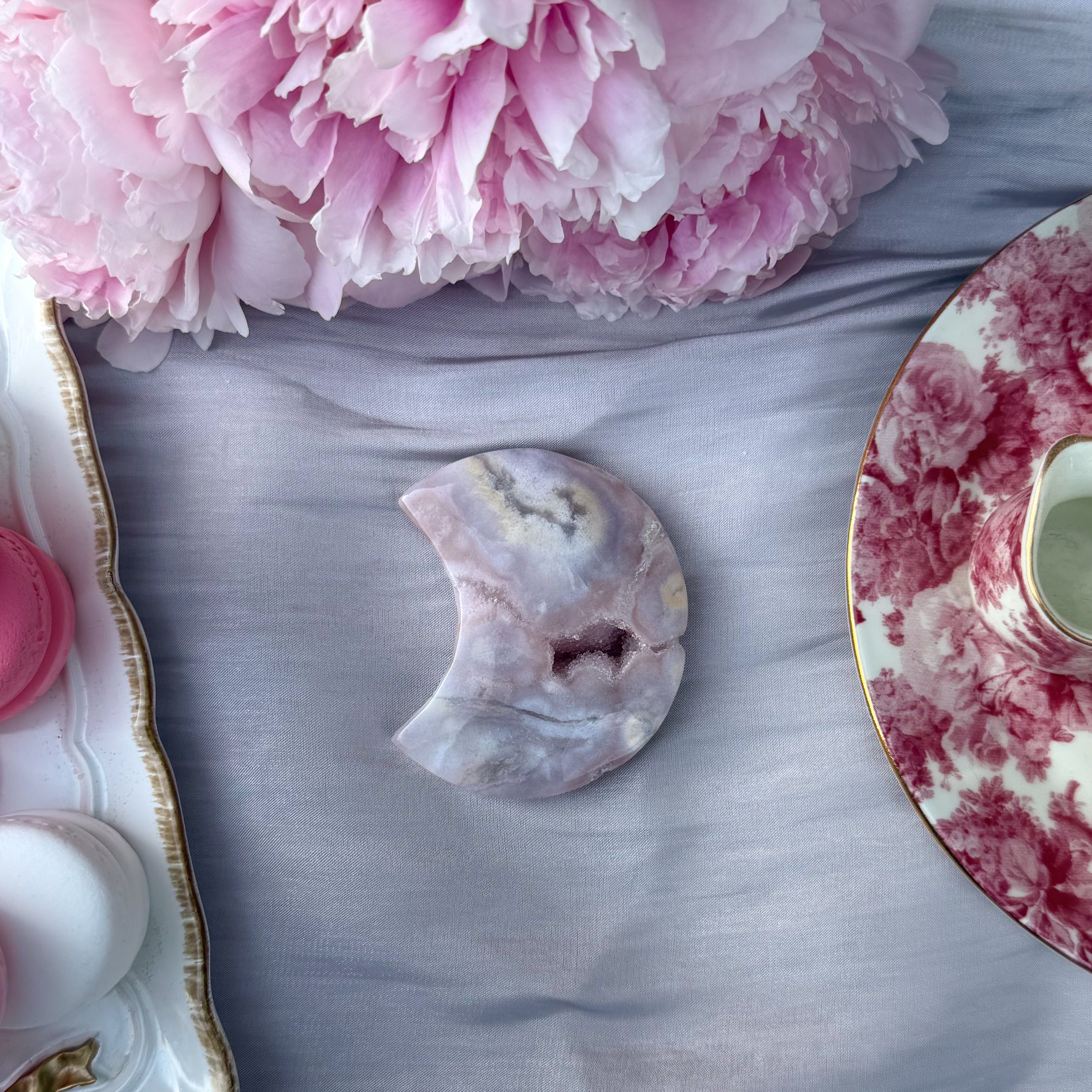 Pink Amethyst & Flower Agate Moon Carving- Small (Choose Your Own)