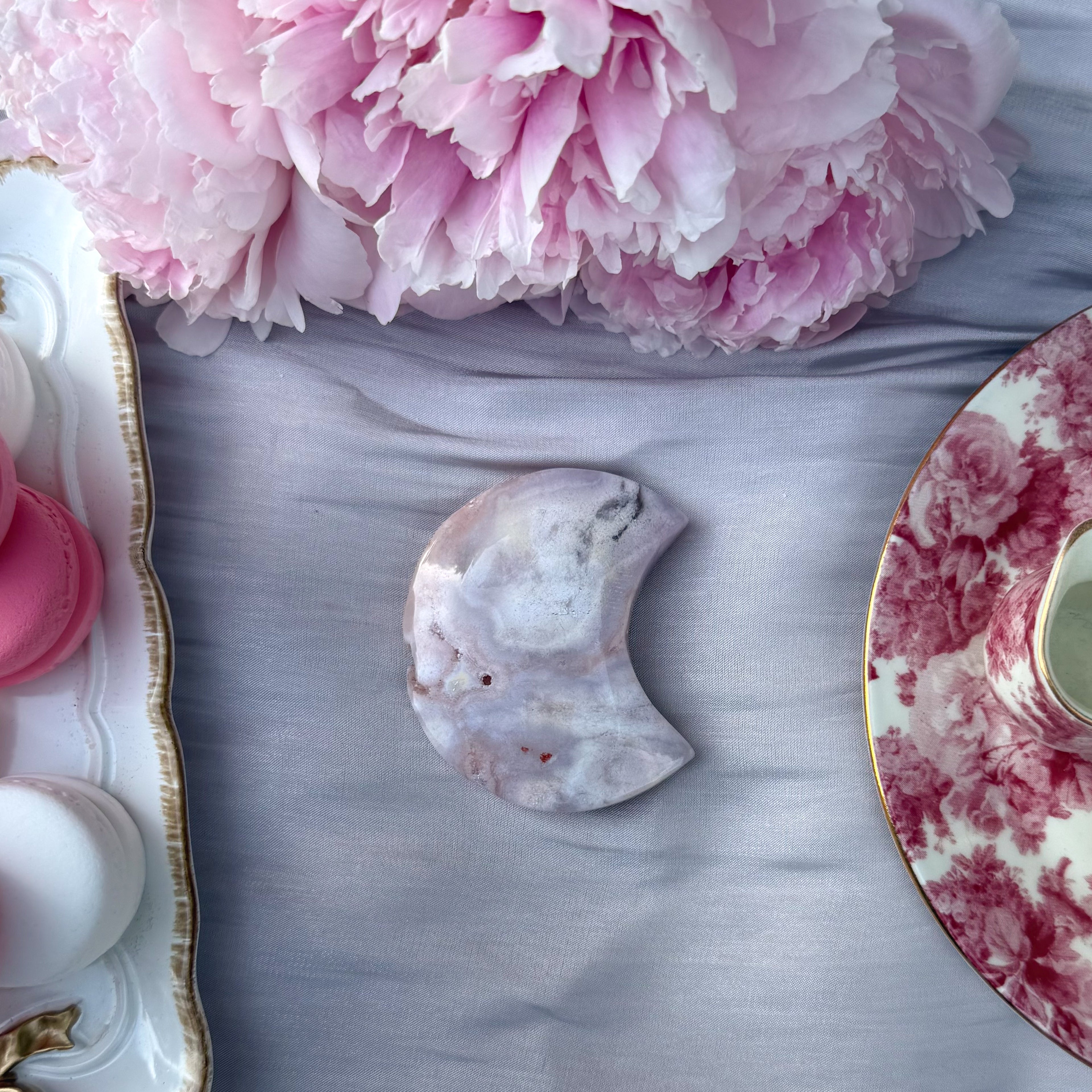 Pink Amethyst & Flower Agate Moon Carving- Small (Choose Your Own)