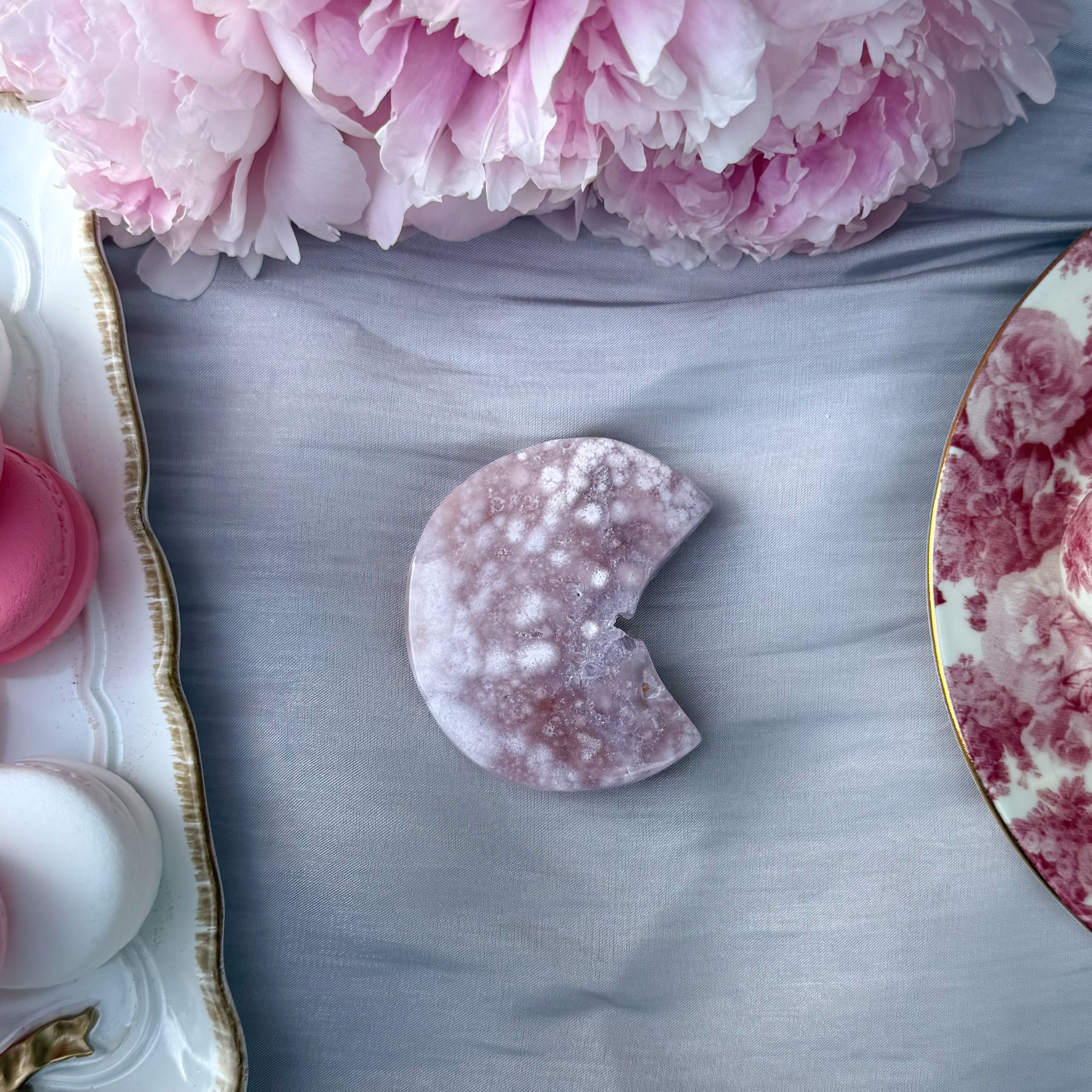 Pink Amethyst & Flower Agate Moon Carving- Small (Choose Your Own)