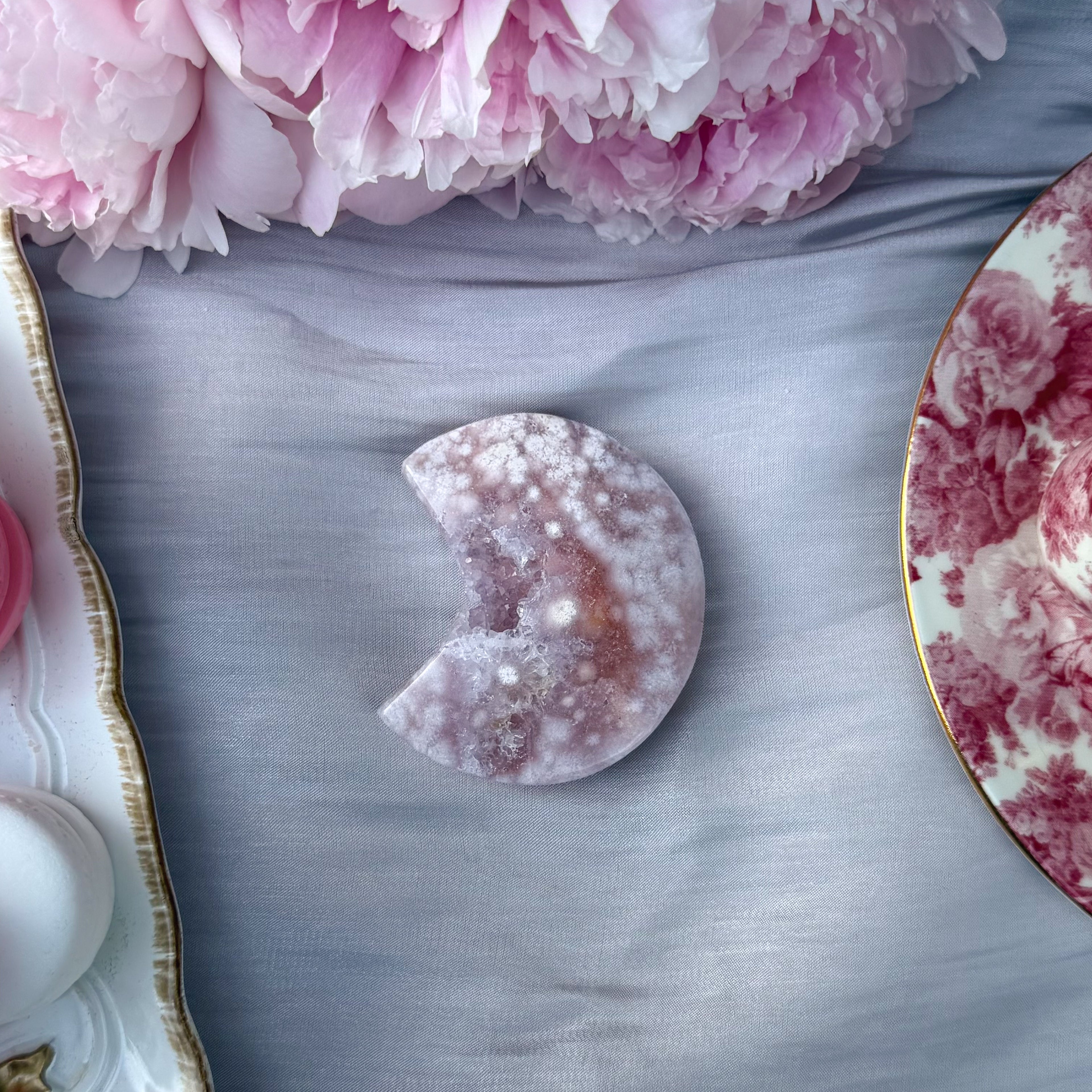 Pink Amethyst & Flower Agate Moon Carving- Small (Choose Your Own)