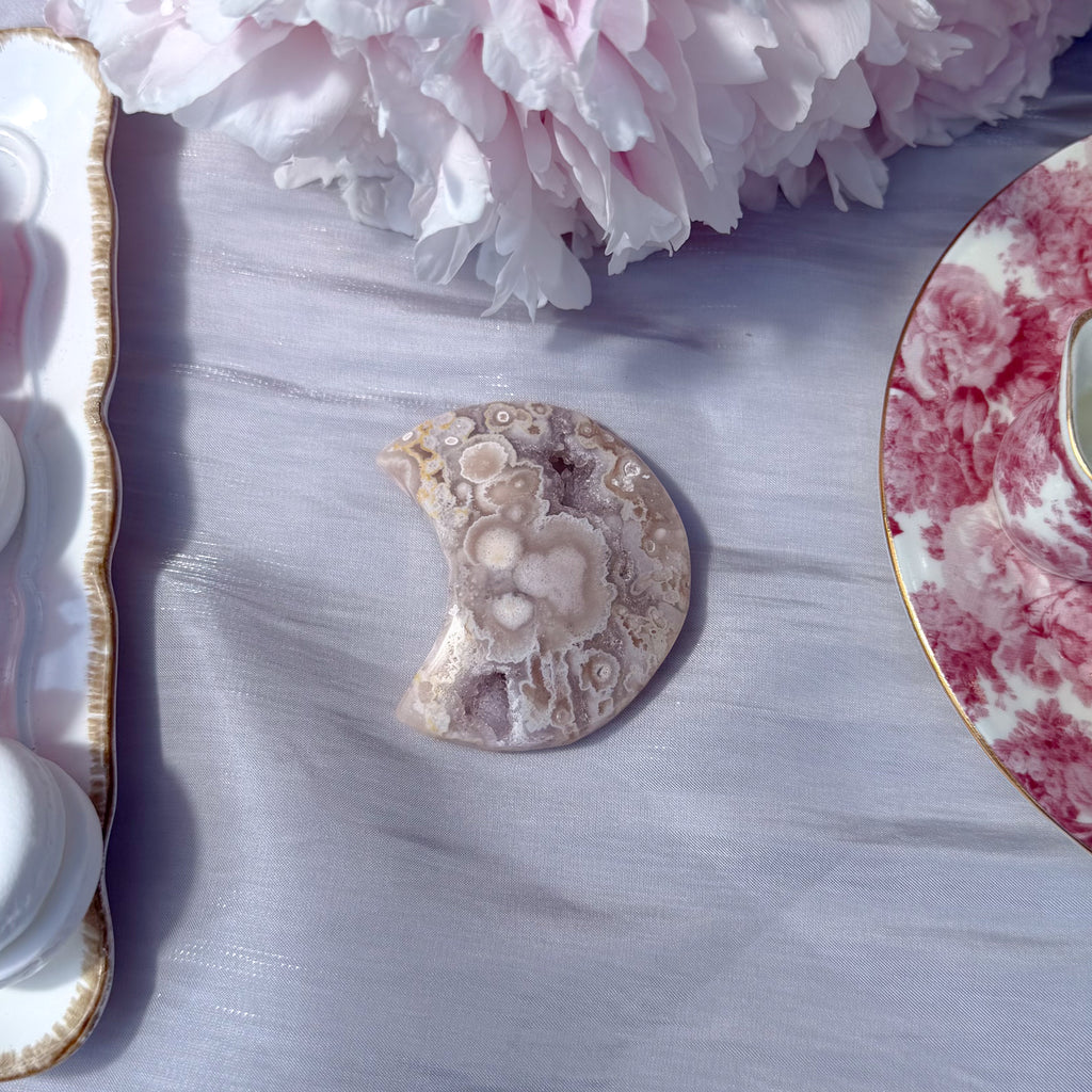 Pink Amethyst & Flower Agate Moon Carving- Small (Choose Your Own)